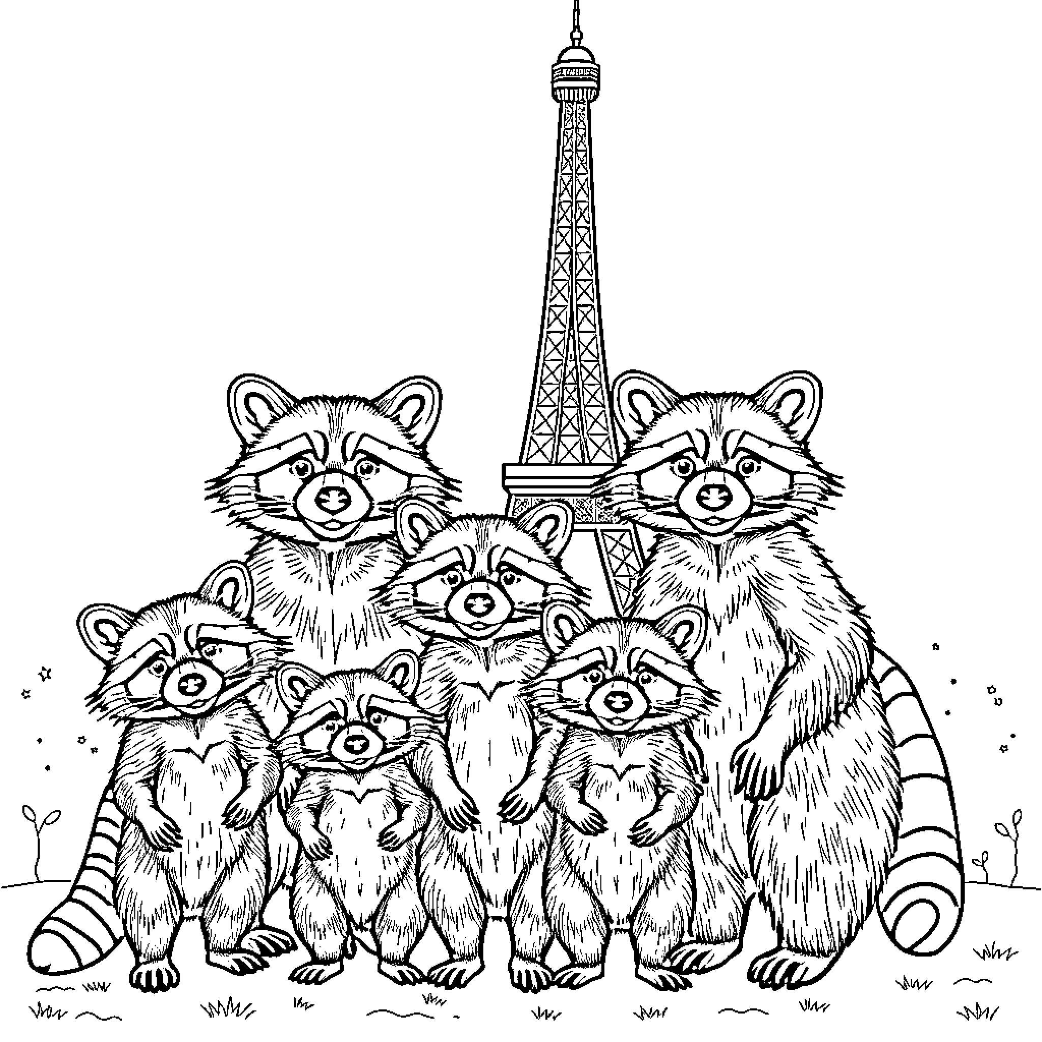 Raccoon family admiring the Eiffel Tower Coloring Page (free black-and-white line drawing printable PDF for all, from beginners to advanced learners, including children, teens, adults, and seniors)