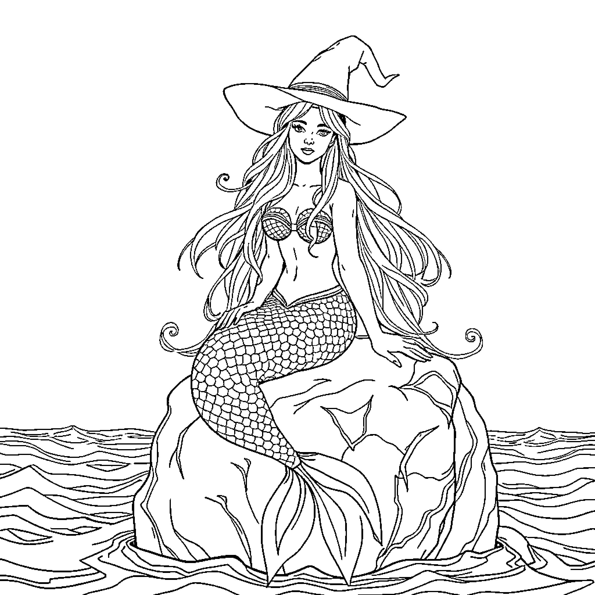 Mermaid Enchantress in Enchanting Seascape Coloring Page (free black-and-white line drawing printable PDF for all, from beginners to advanced learners, including children, teens, adults, and seniors)