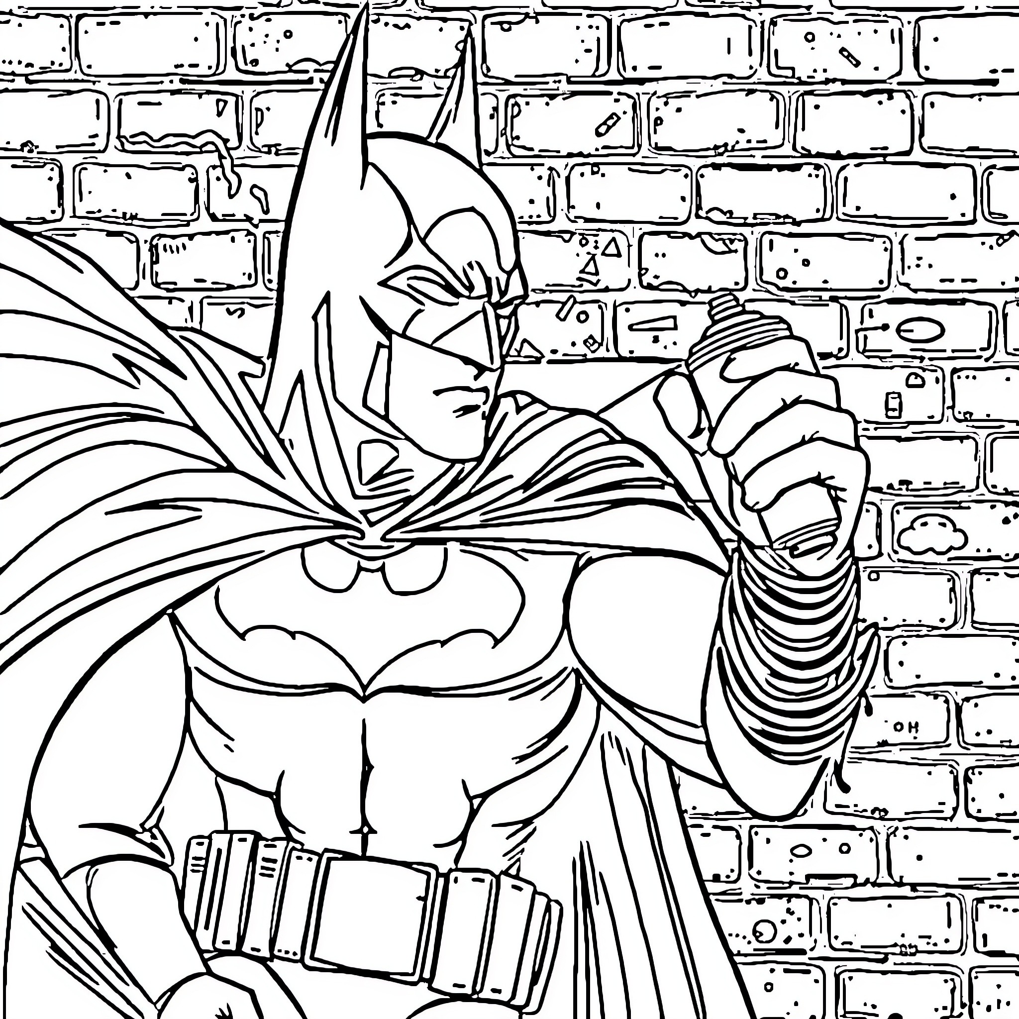 Batman with Heroic Pose in Front of Brick Wall Coloring Page (free black-and-white line drawing printable PDF for all, from beginners to advanced learners, including children, teens, adults, and seniors)