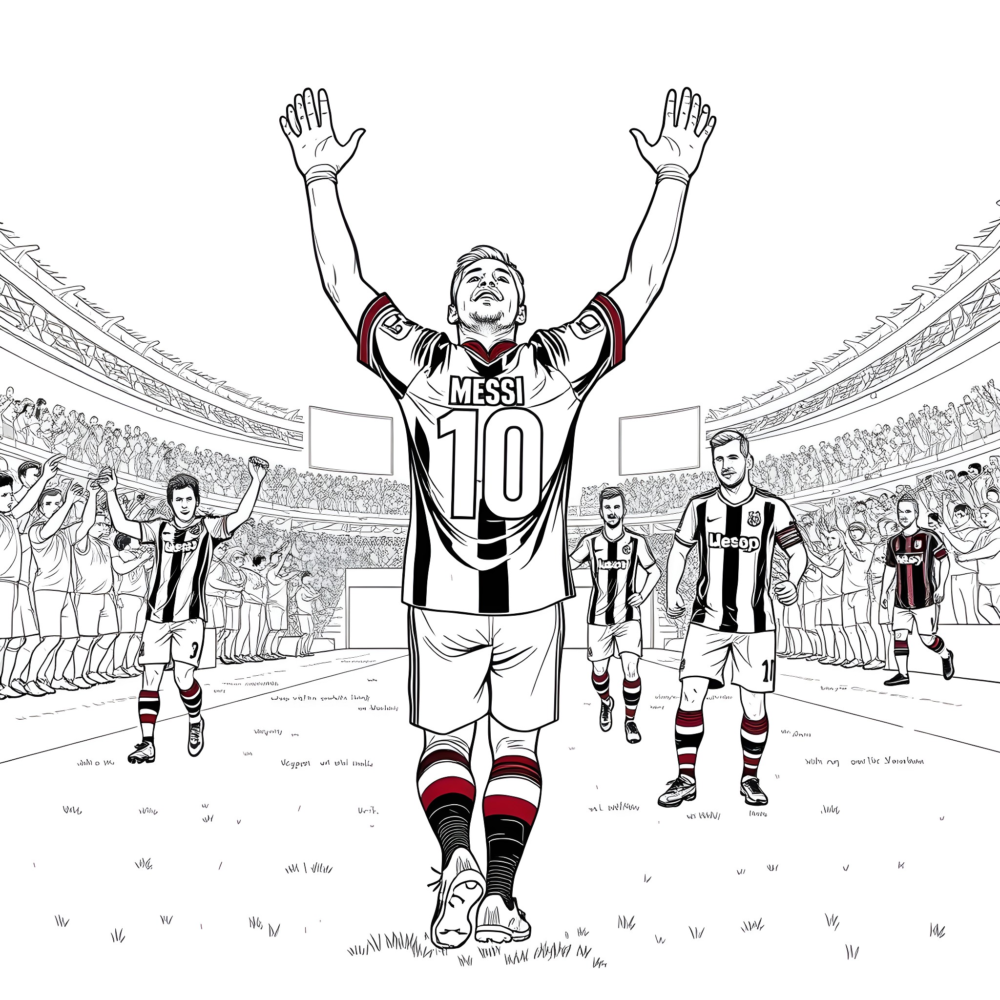 Lionel Messi celebrating victory on the soccer field Coloring Page (free black-and-white line drawing printable PDF for all, from beginners to advanced learners, including children, teens, adults, and seniors)