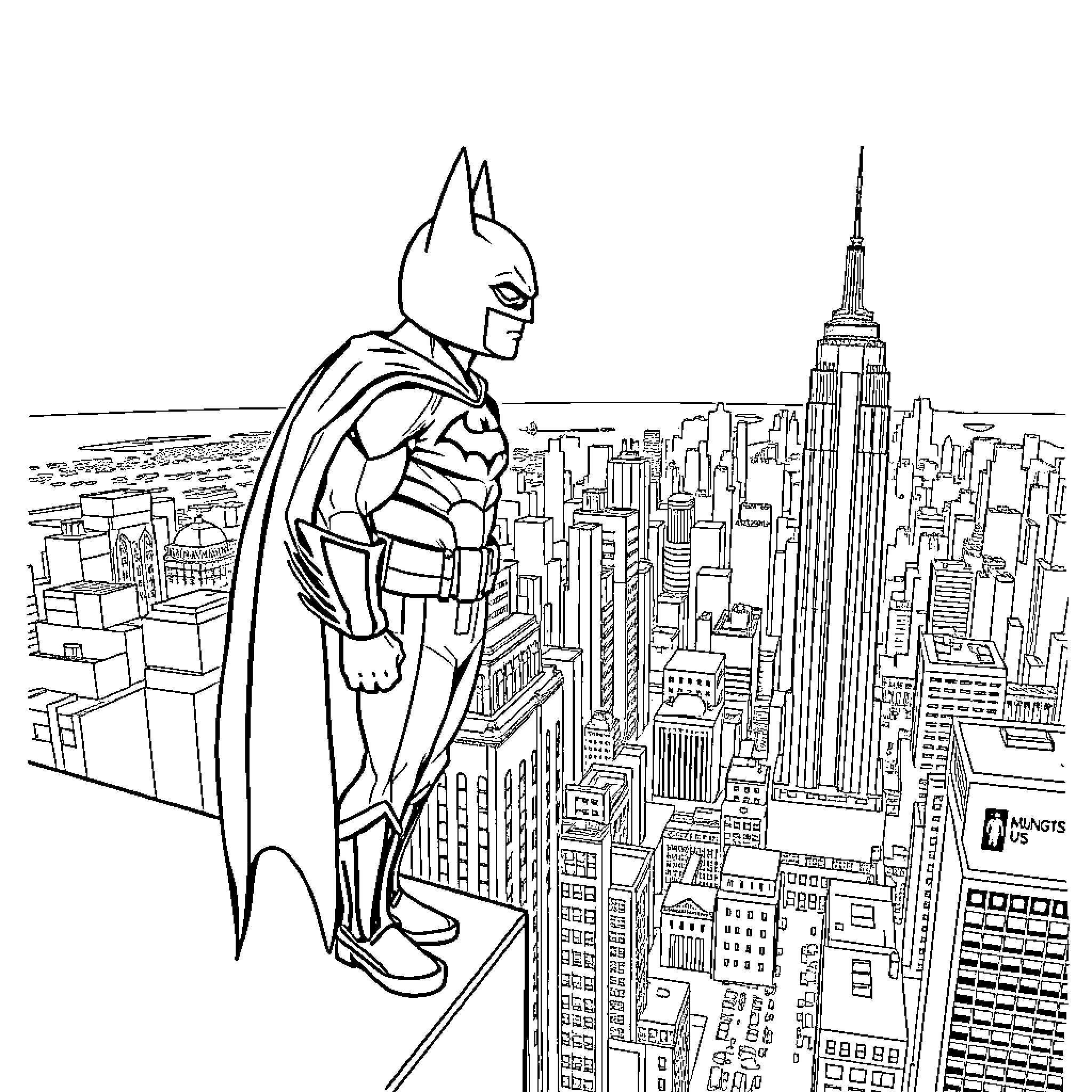 Among Us Character Exploring the City Skyline Coloring Page (free black-and-white line drawing printable PDF for all, from beginners to advanced learners, including children, teens, adults, and seniors)