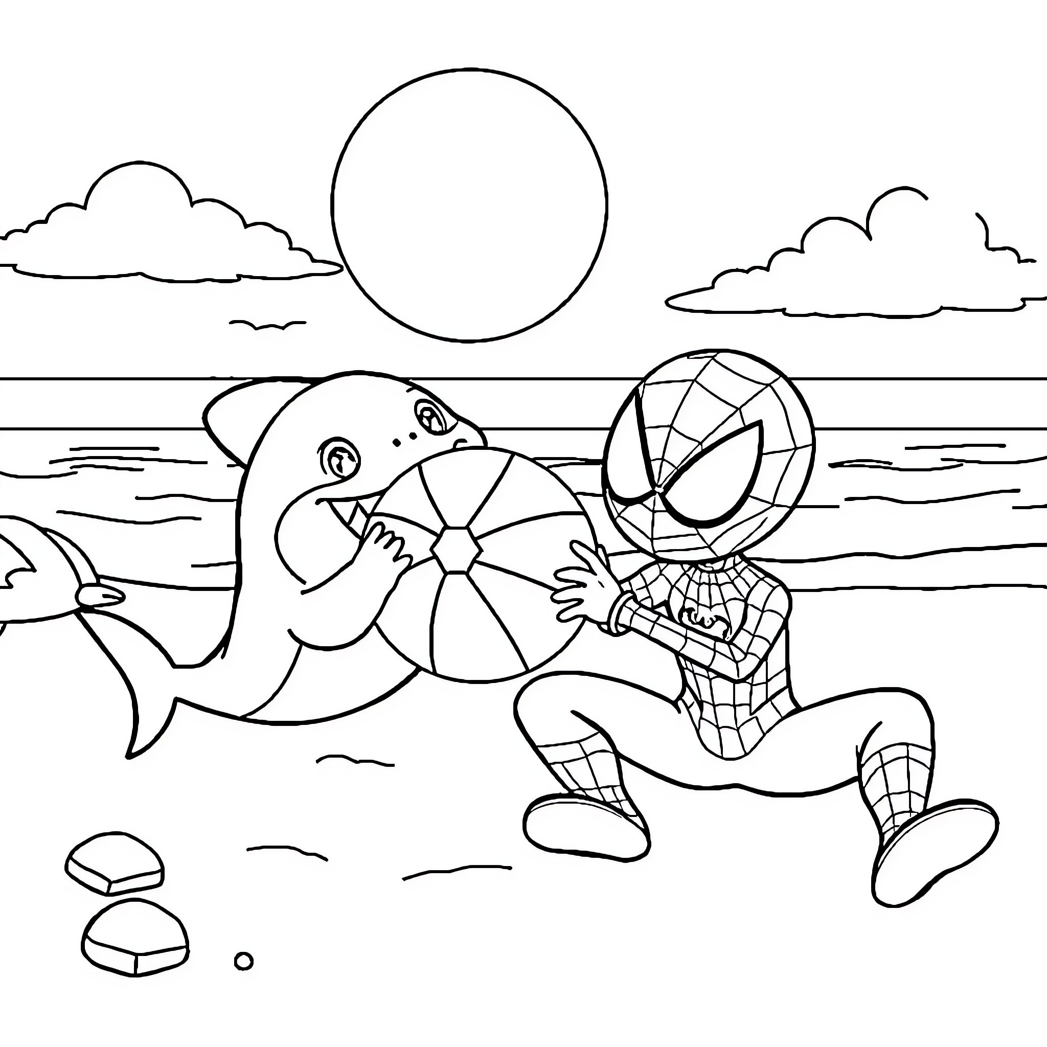Baby Shark playing with Spider-Man on the beach Coloring Page (free black-and-white line drawing printable PDF for all, from beginners to advanced learners, including children, teens, adults, and seniors)