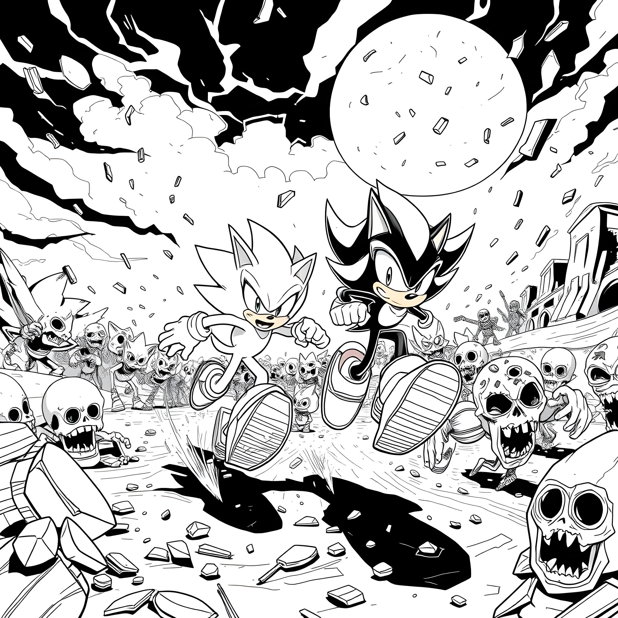Sonic and Shadow racing through a chaotic scene Coloring Page (free black-and-white line drawing printable PDF for all, from beginners to advanced learners, including children, teens, adults, and seniors)