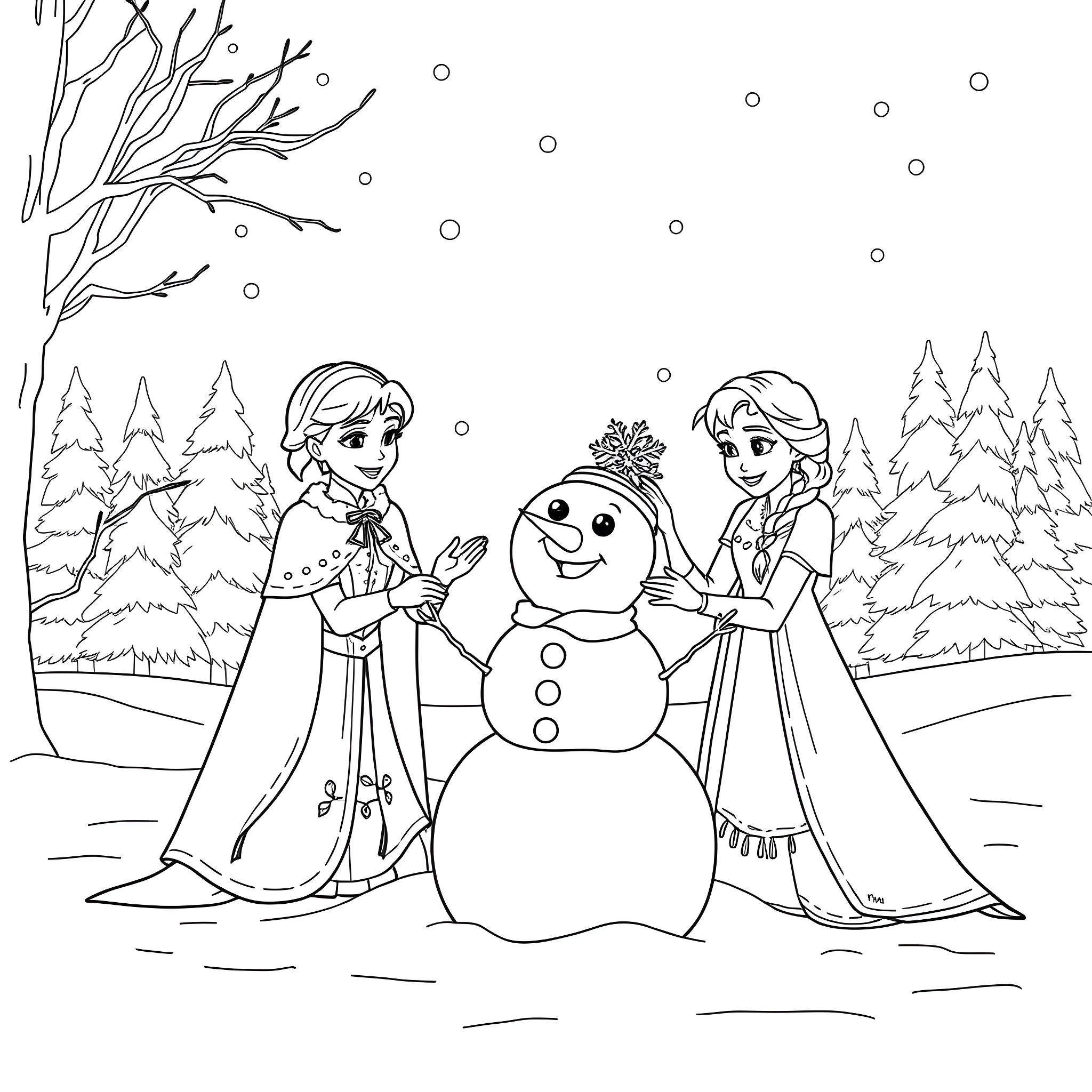 Anna and Elsa building a snowman in the winter wonderland Coloring Page (free black-and-white line drawing printable PDF for all, from beginners to advanced learners, including children, teens, adults, and seniors)