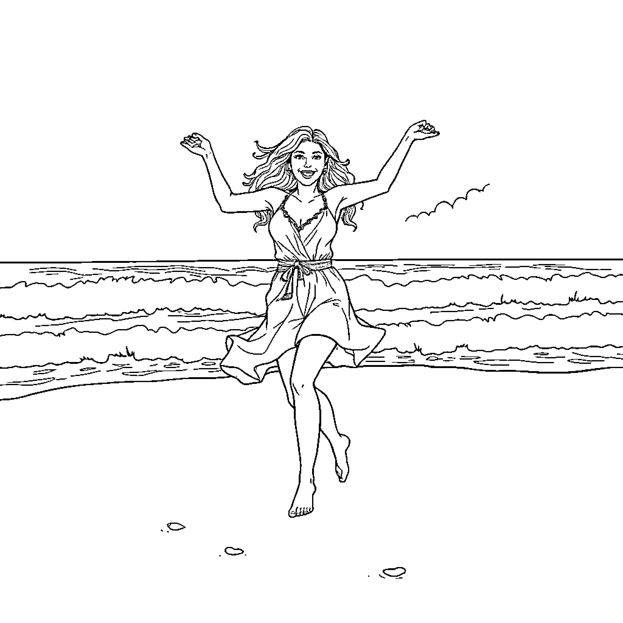 Woman joyfully dancing on the beach Coloring Page (free black-and-white line drawing printable PDF for all, from beginners to advanced learners, including children, teens, adults, and seniors)