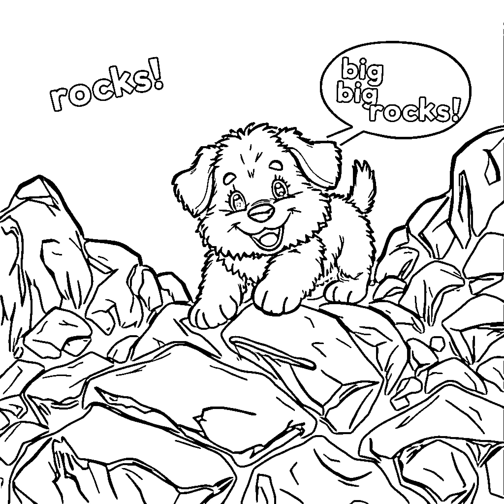 Puppy playing happily in the outdoors Coloring Page (free black-and-white line drawing printable PDF for all, from beginners to advanced learners, including children, teens, adults, and seniors)