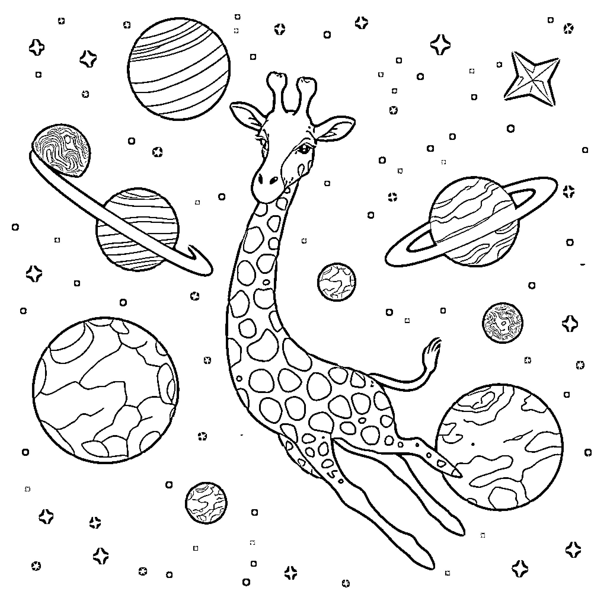 Giraffe floating among planets and stars Coloring Page (free black-and-white line drawing printable PDF for all, from beginners to advanced learners, including children, teens, adults, and seniors)