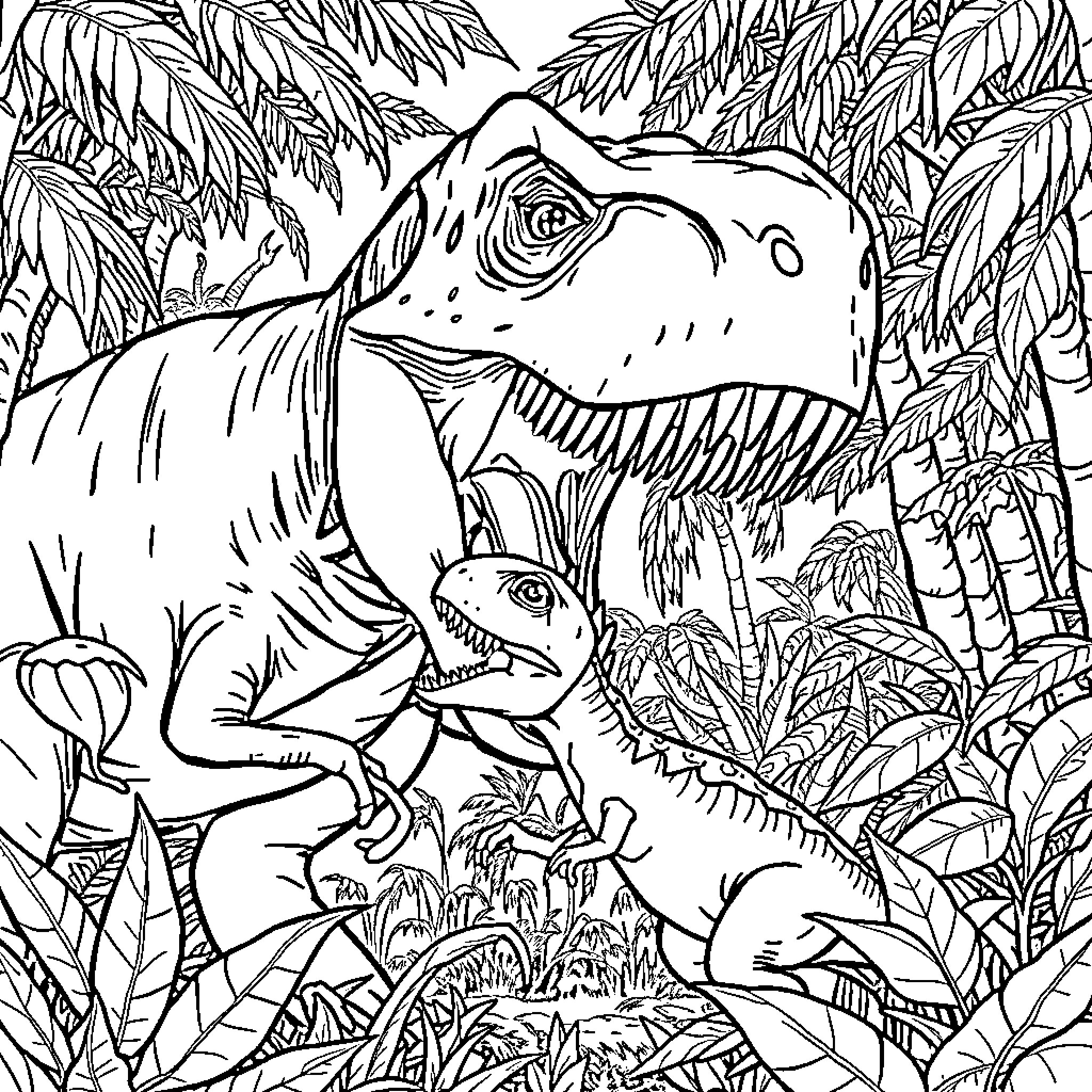 T-Rex Roaring Amidst Prehistoric Foliage Coloring Page (free black-and-white line drawing printable PDF for all, from beginners to advanced learners, including children, teens, adults, and seniors)