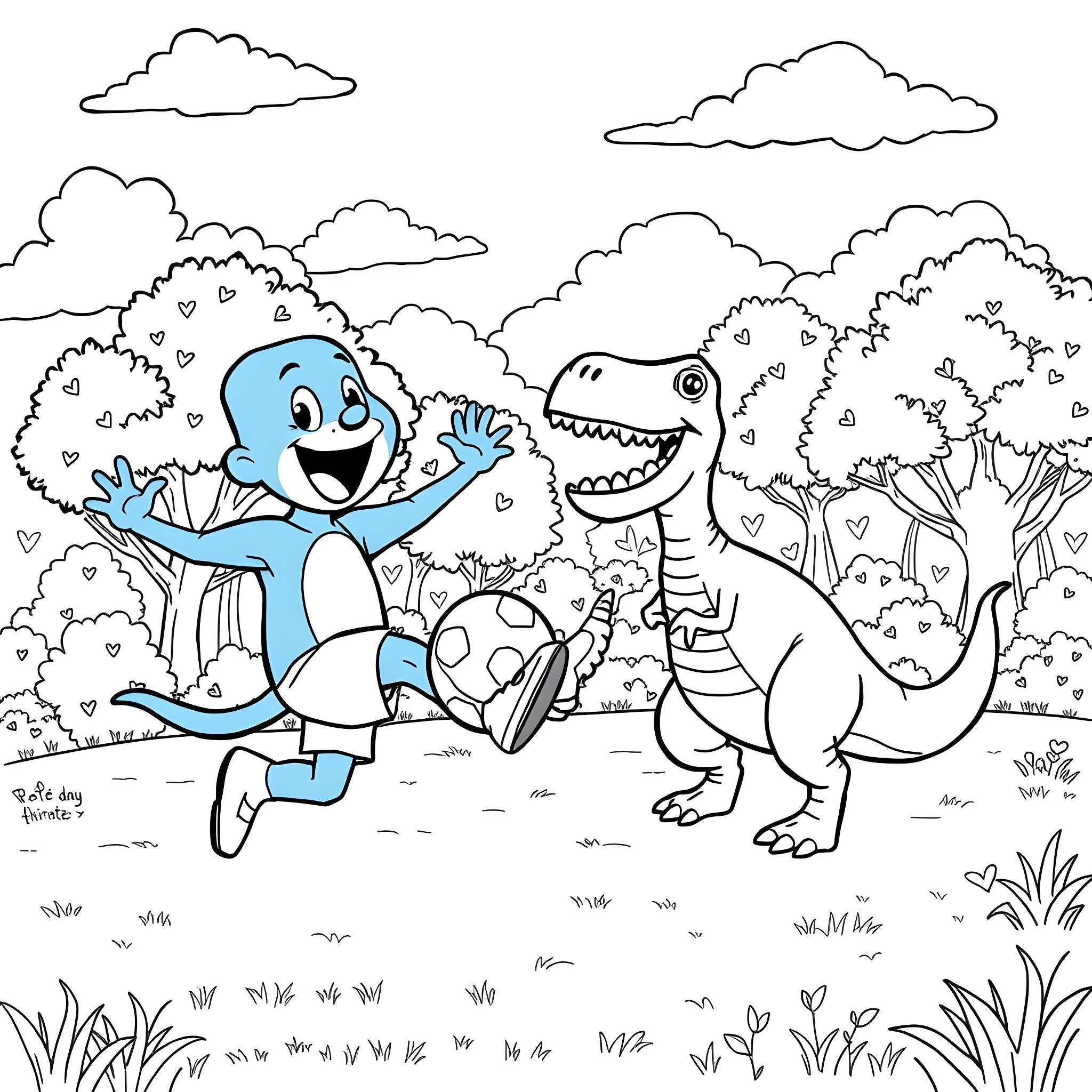 Bluey and Dinosaur Playing in the Forest Coloring Page (free black-and-white line drawing printable PDF for all, from beginners to advanced learners, including children, teens, adults, and seniors)