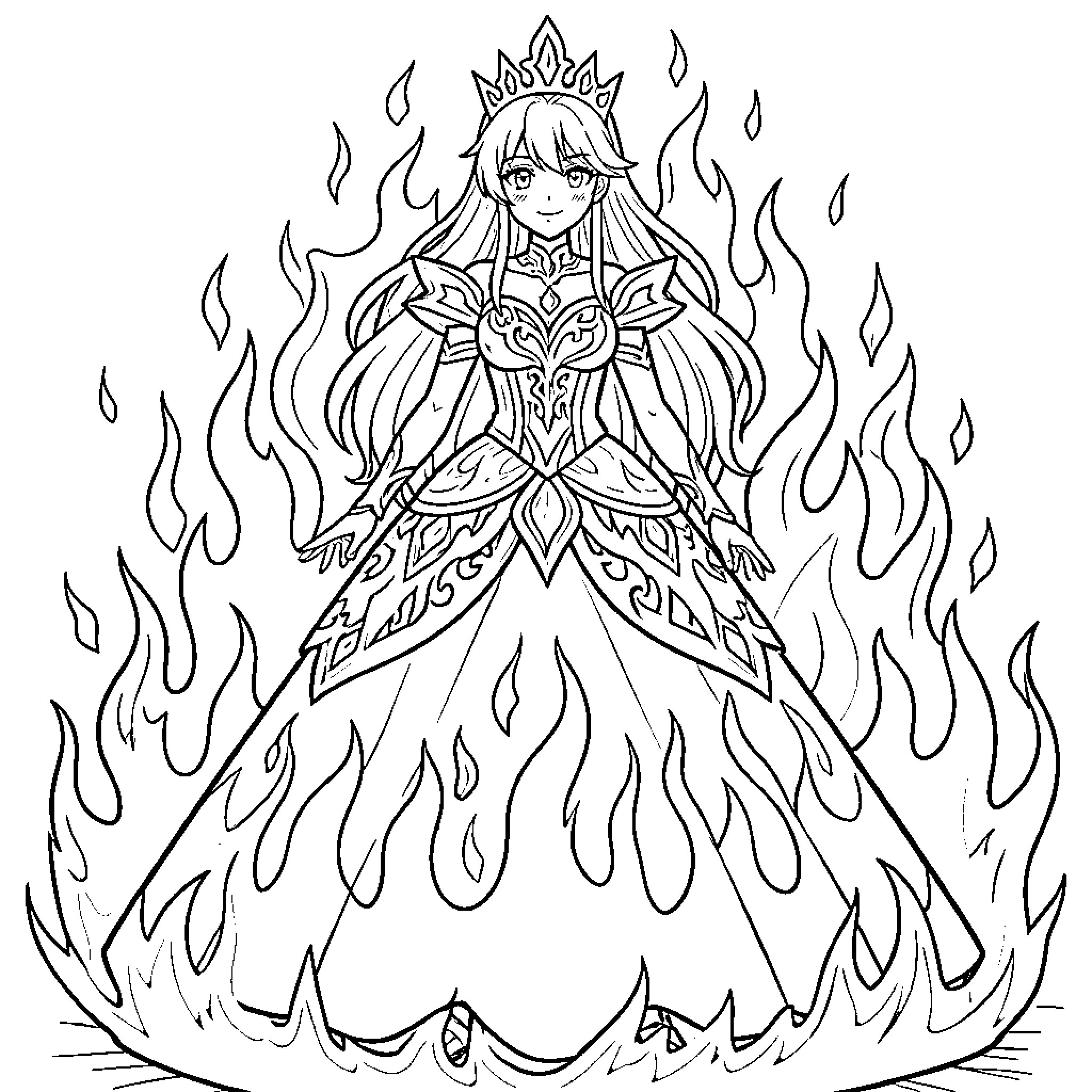 Anime Princess in Elaborate Flaming Dress Coloring Page (free black-and-white line drawing printable PDF for all, from beginners to advanced learners, including children, teens, adults, and seniors)