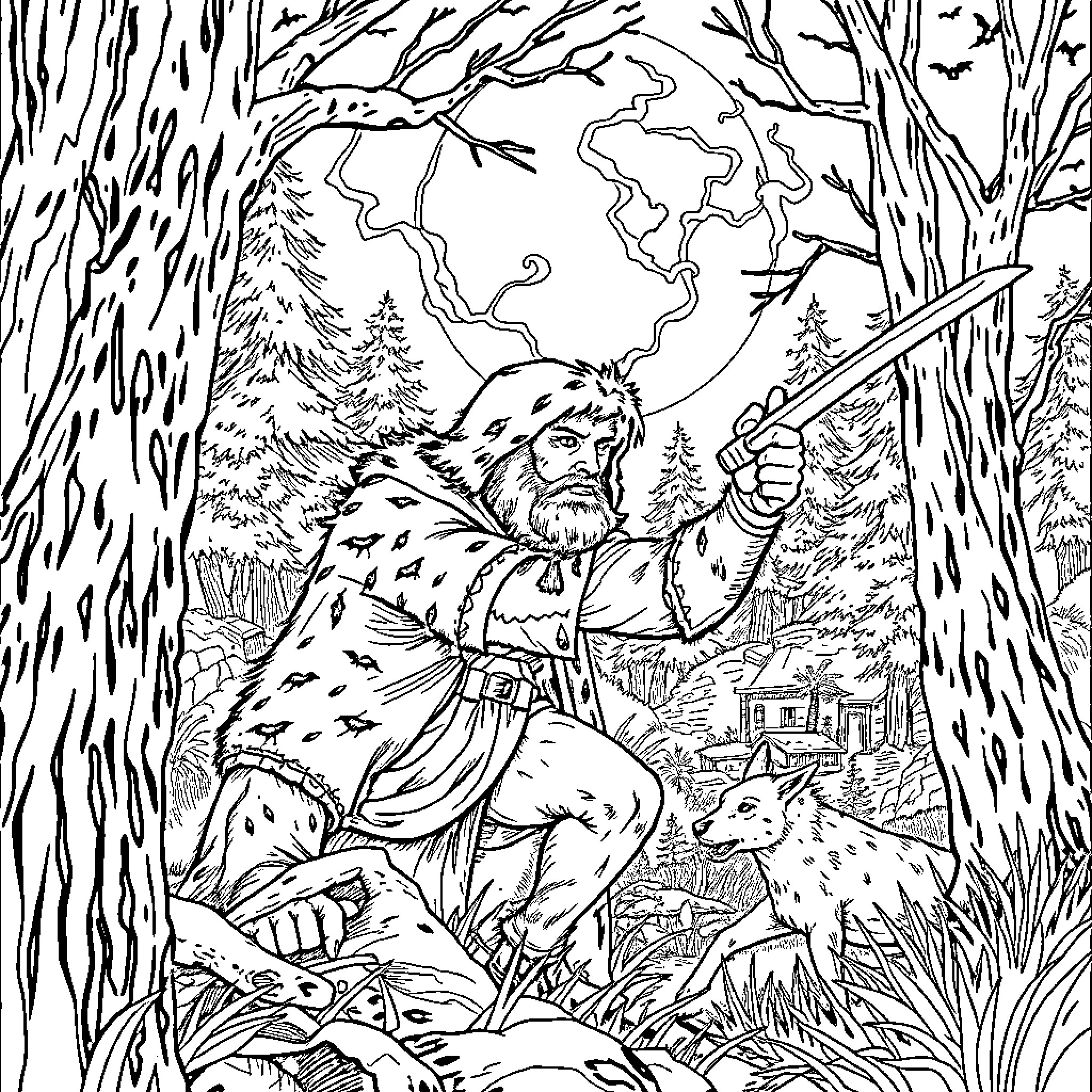 Solo Leveling Protagonist Battles in the Mystical Forest Coloring Page (free black-and-white line drawing printable PDF for all, from beginners to advanced learners, including children, teens, adults, and seniors)