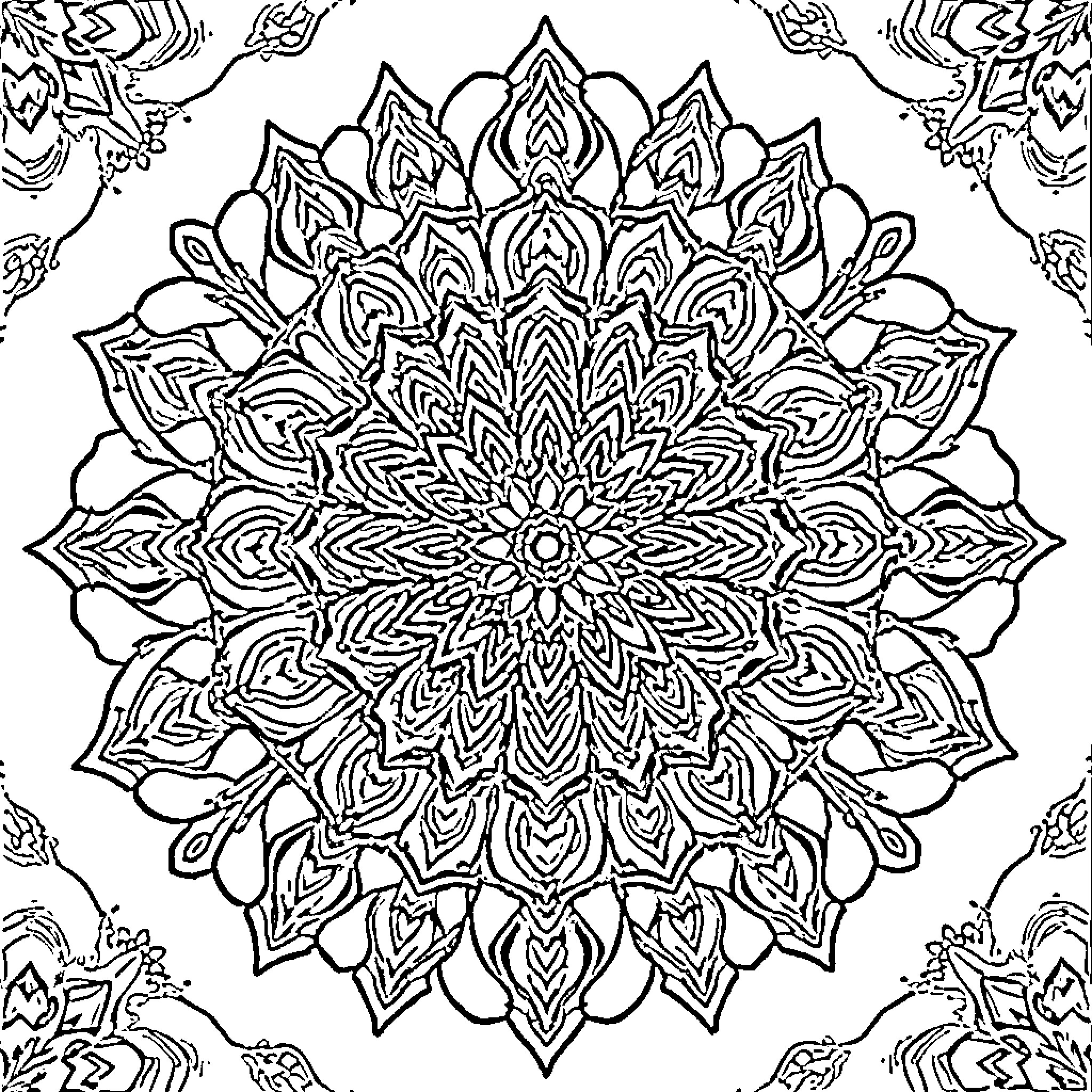 Mandala of intricate floral designs Coloring Page (free black-and-white line drawing printable PDF for all, from beginners to advanced learners, including children, teens, adults, and seniors)