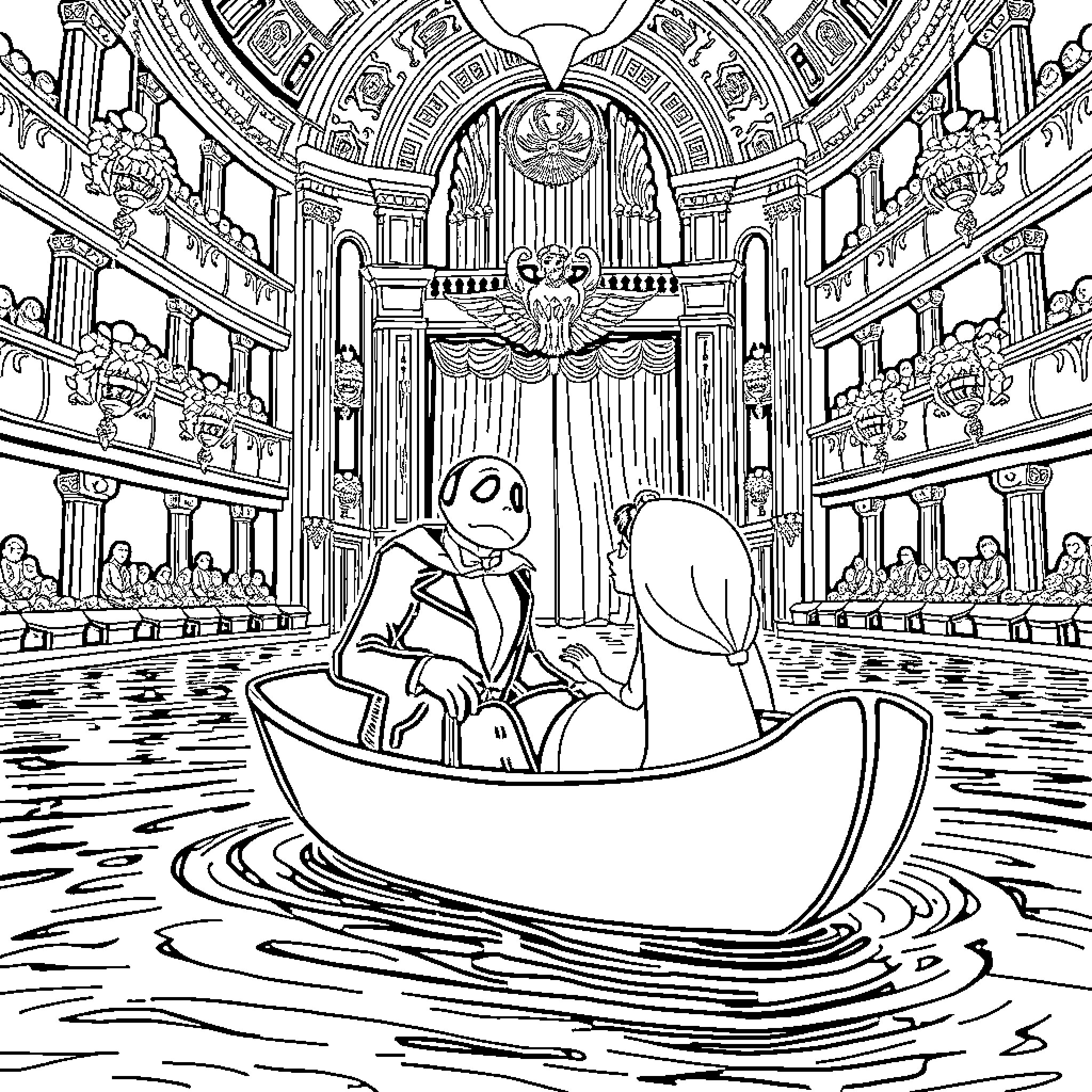 Phantom Figures Embark on a Mystic Journey Coloring Page (free black-and-white line drawing printable PDF for all, from beginners to advanced learners, including children, teens, adults, and seniors)