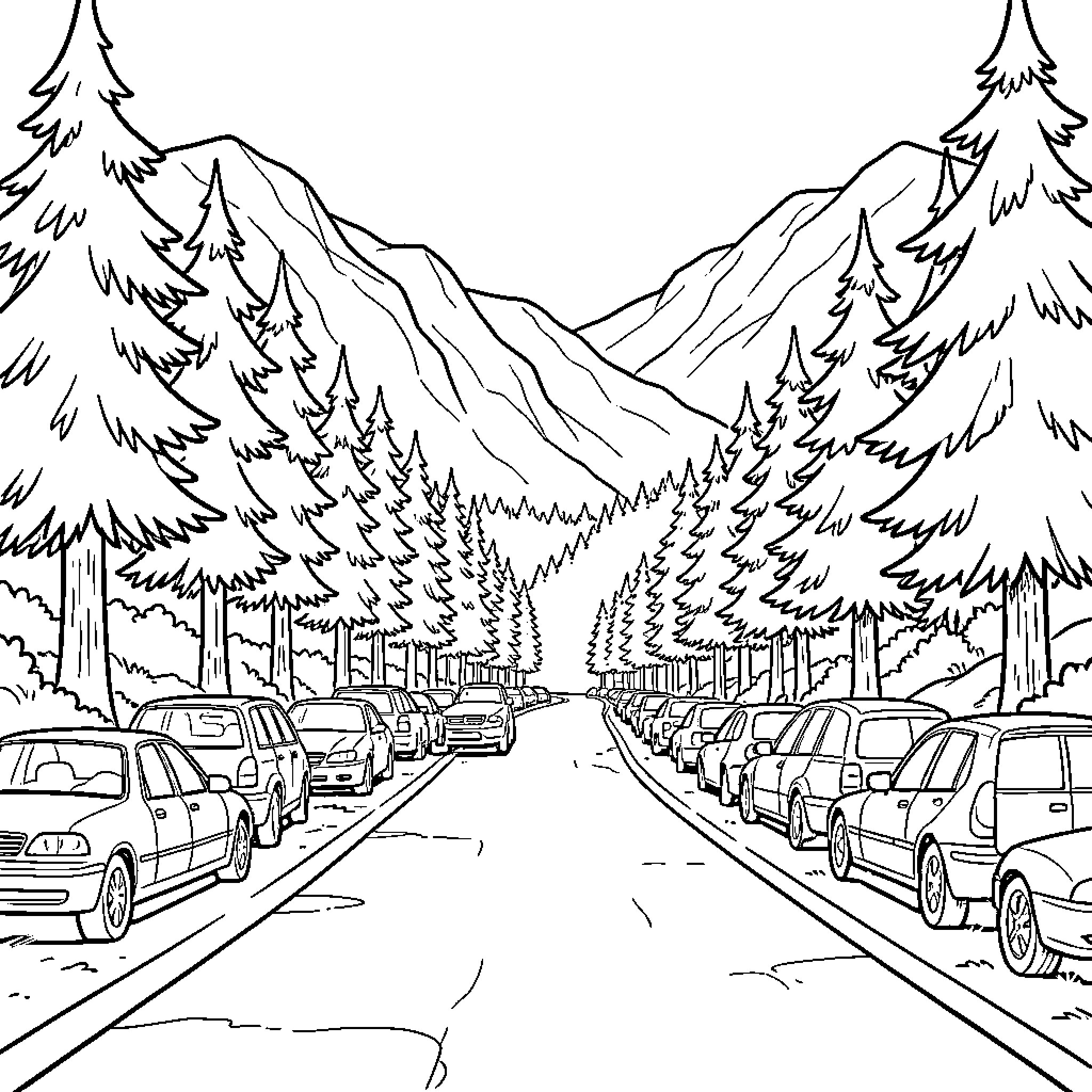 Car parked along a mountain road lined with trees Coloring Page (free black-and-white line drawing printable PDF for all, from beginners to advanced learners, including children, teens, adults, and seniors)