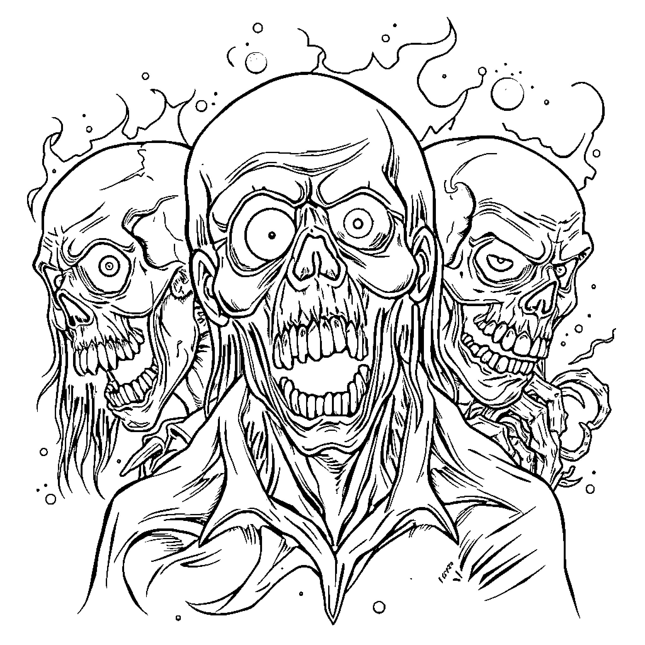 Zombie Horde Overwhelms with Terrifying Expressions Coloring Page (free black-and-white line drawing printable PDF for all, from beginners to advanced learners, including children, teens, adults, and seniors)