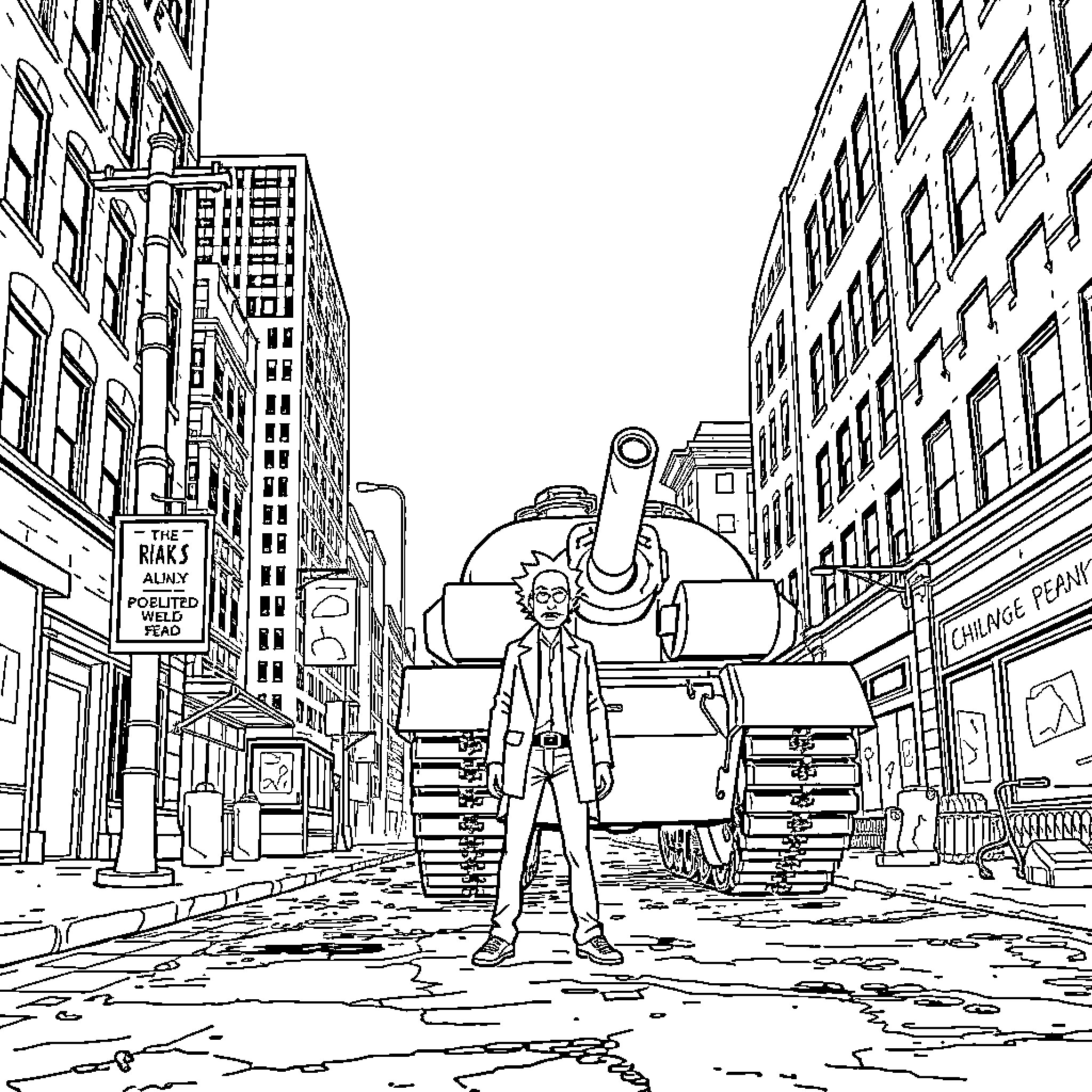 Rick's Heroic Stance Amidst Towering Machines Coloring Page (free black-and-white line drawing printable PDF for all, from beginners to advanced learners, including children, teens, adults, and seniors)