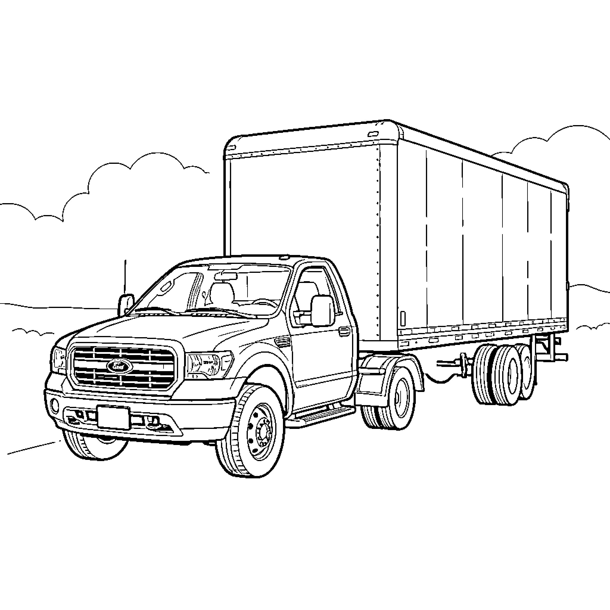 Pick Up truck hauling a large cargo box Coloring Page (free black-and-white line drawing printable PDF for all, from beginners to advanced learners, including children, teens, adults, and seniors)