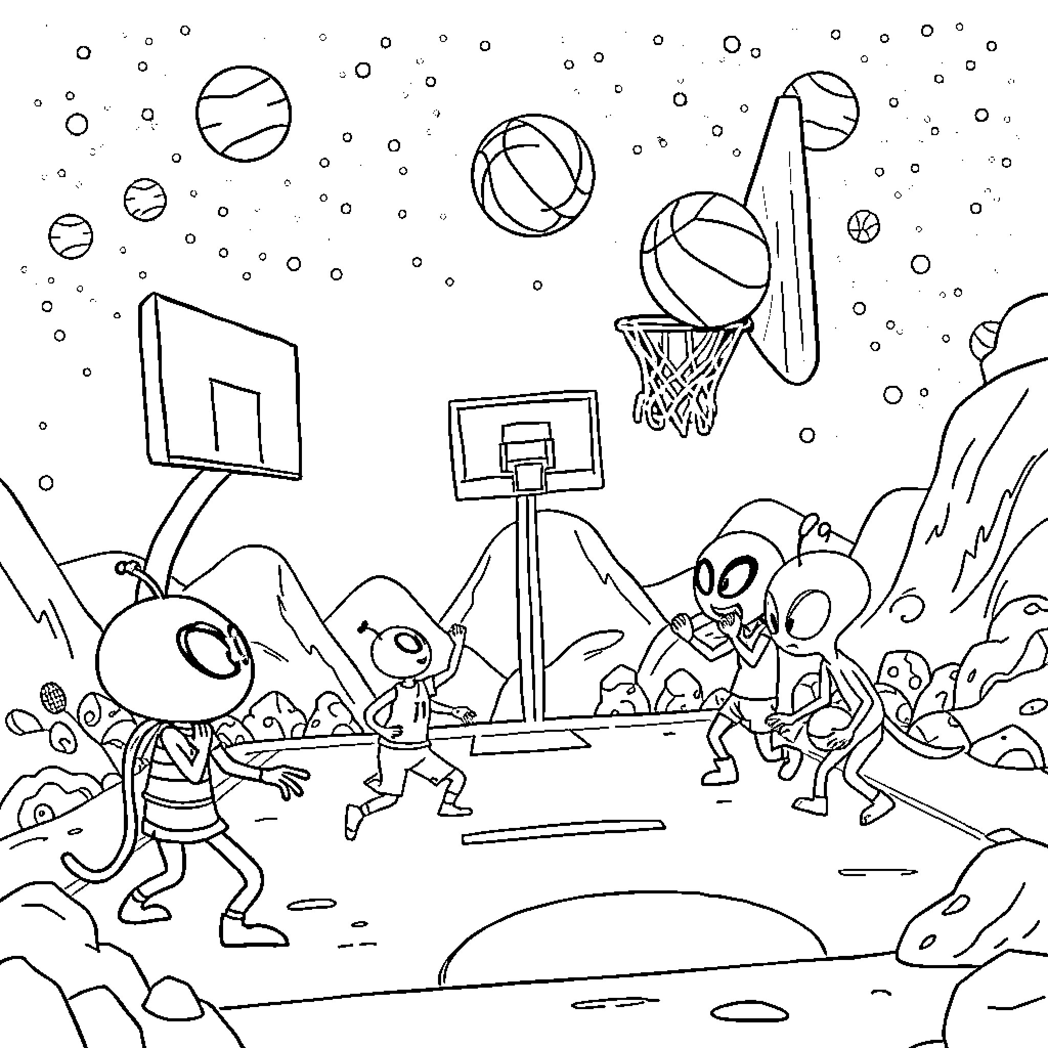 Space Jam: Alien Basketball Game Under the Stars Coloring Page (free black-and-white line drawing printable PDF for all, from beginners to advanced learners, including children, teens, adults, and seniors)