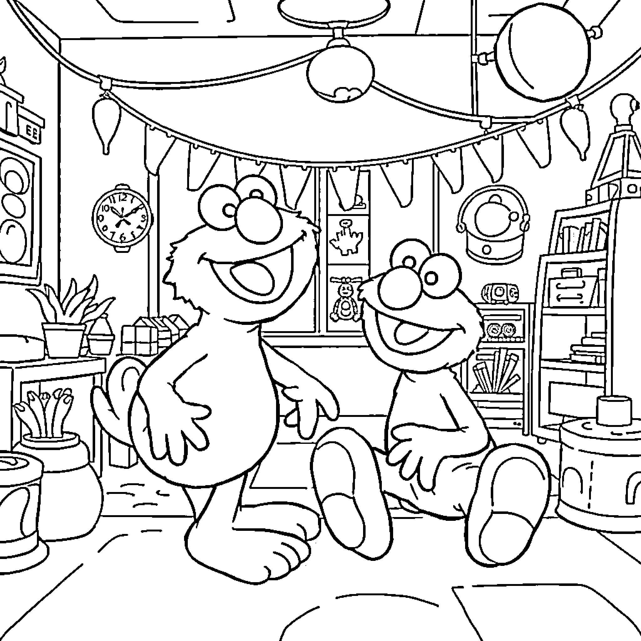 Plankton enjoying a playful gathering in a cozy room Coloring Page (free black-and-white line drawing printable PDF for all, from beginners to advanced learners, including children, teens, adults, and seniors)