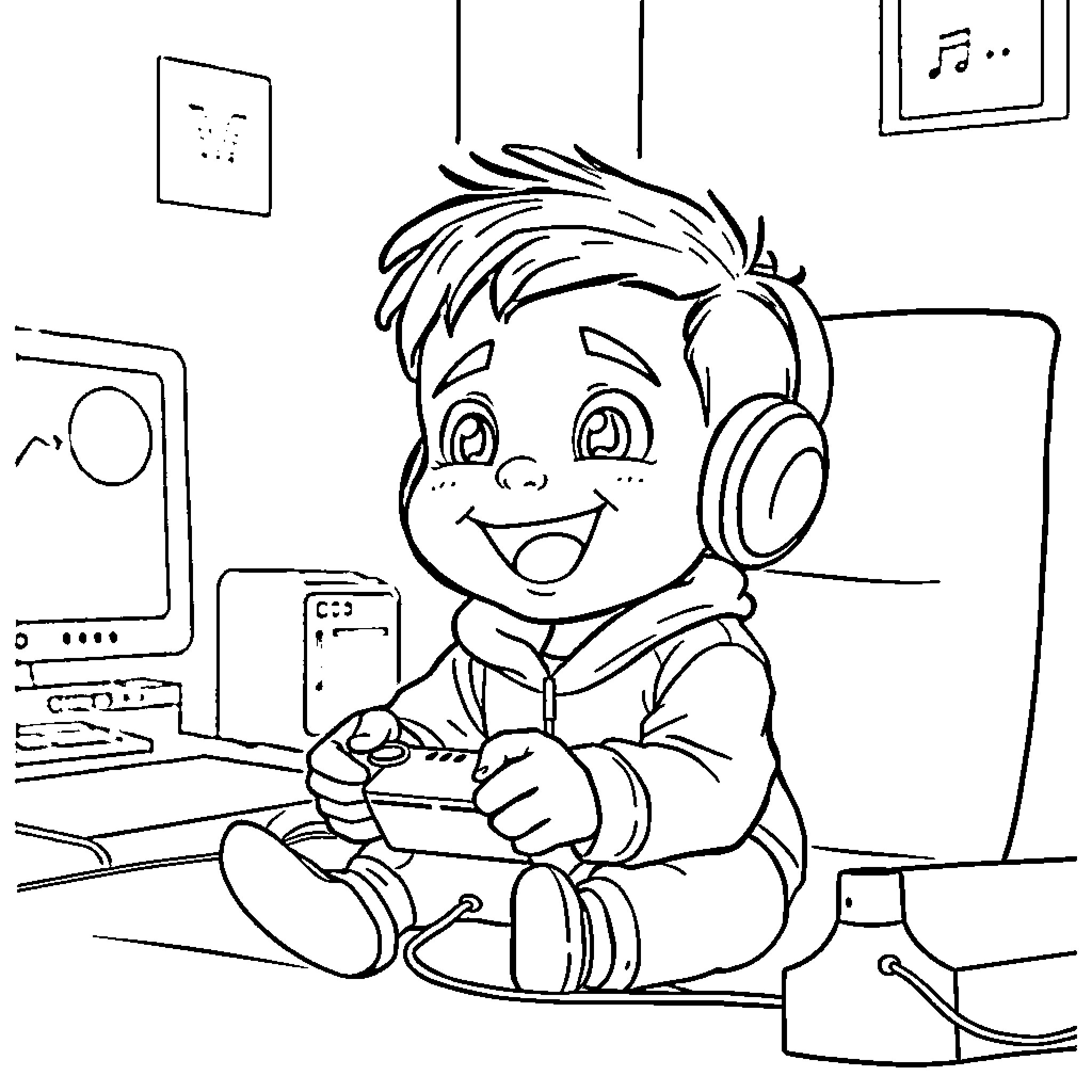 Baby Saja playing video games happily Coloring Page (free black-and-white line drawing printable PDF for all, from beginners to advanced learners, including children, teens, adults, and seniors)