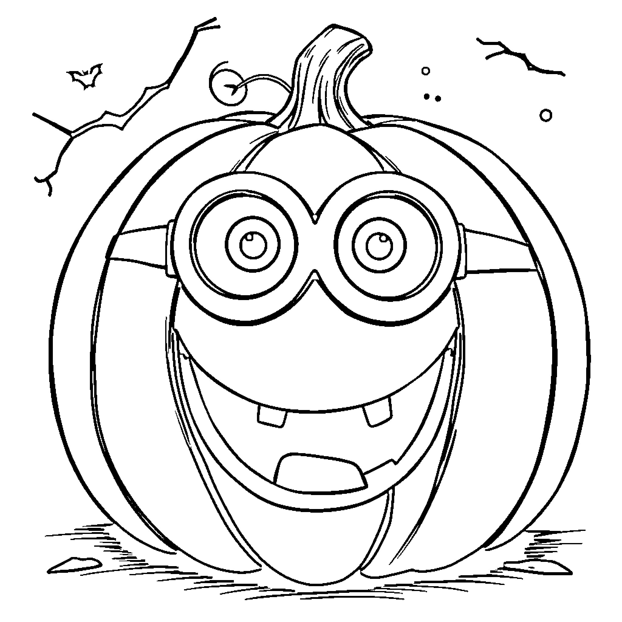 Minion carved into a pumpkin with a cheerful expression Coloring Page (free black-and-white line drawing printable PDF for all, from beginners to advanced learners, including children, teens, adults, and seniors)