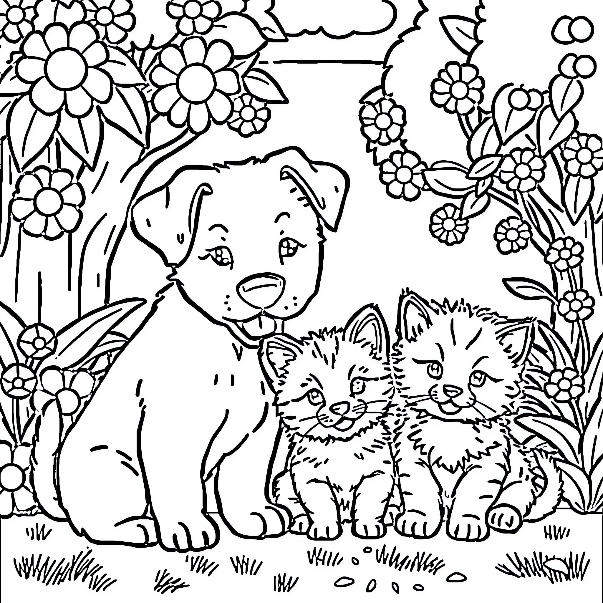 Animal friends in floral garden Coloring Page (free black-and-white line drawing printable PDF for all, from beginners to advanced learners, including children, teens, adults, and seniors)