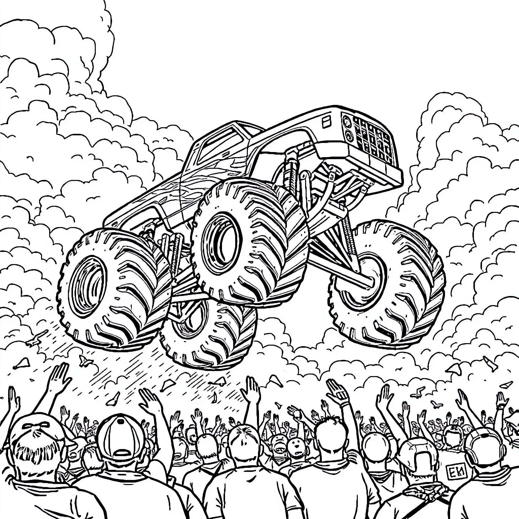 Monster Truck Thrilling Crowd with Impressive Stunts Coloring Page (free black-and-white line drawing printable PDF for all, from beginners to advanced learners, including children, teens, adults, and seniors)
