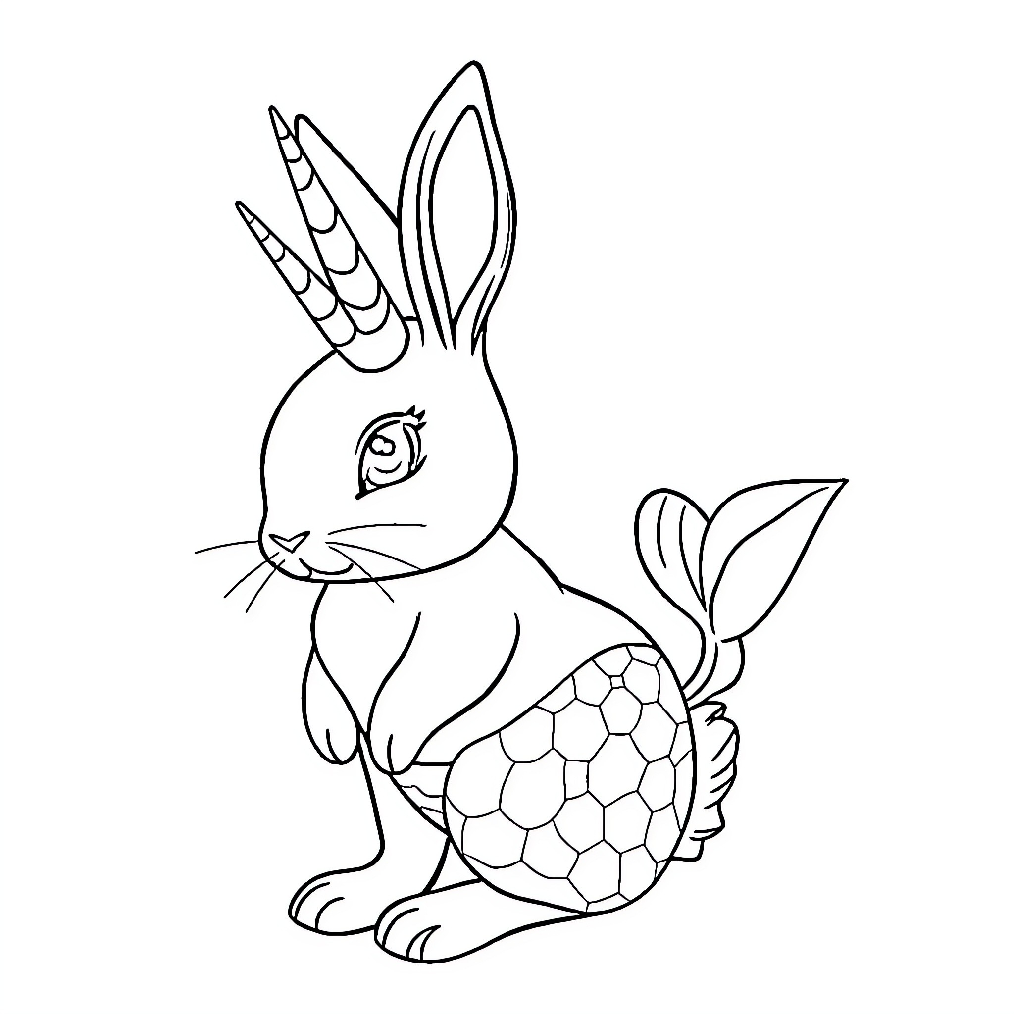 Bunny with patterned shell posing Coloring Page (free black-and-white line drawing printable PDF for all, from beginners to advanced learners, including children, teens, adults, and seniors)