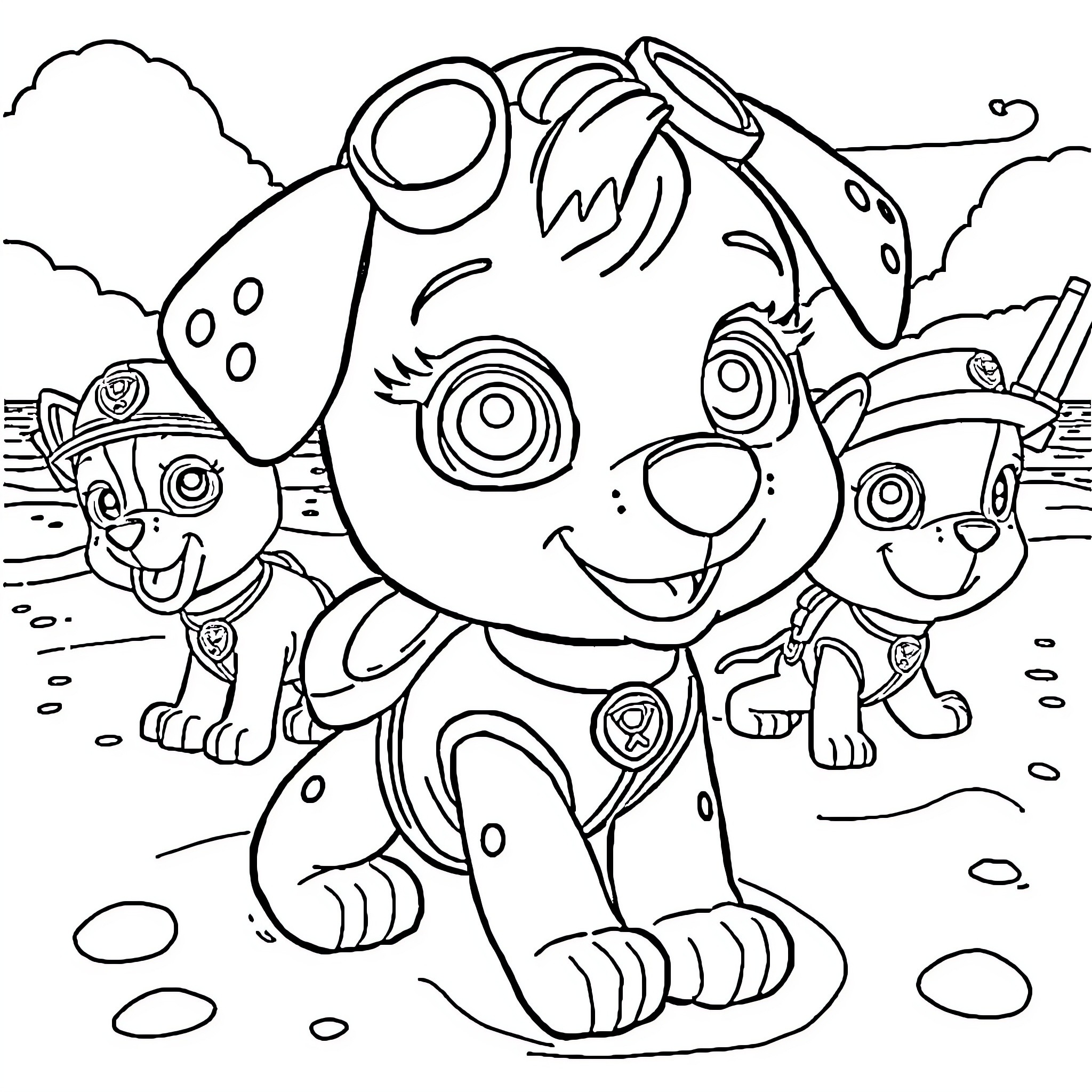 Stella and the Paw Patrol Pups on an Adventure Coloring Page (free black-and-white line drawing printable PDF for all, from beginners to advanced learners, including children, teens, adults, and seniors)