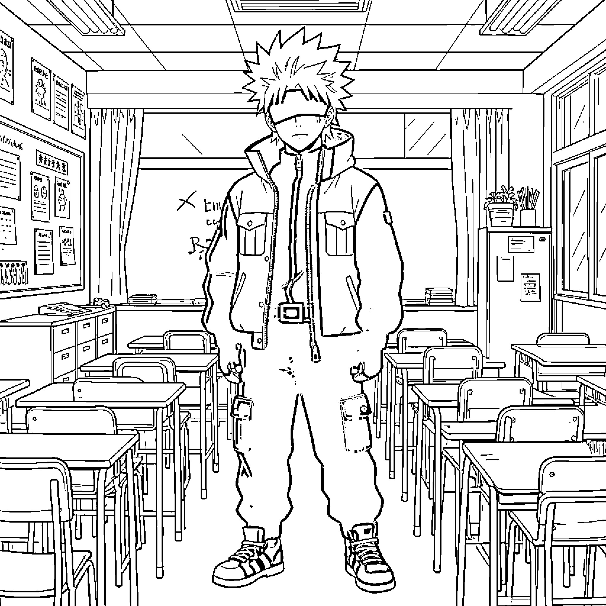 Gojo Satoru's Resolute Presence in the Classroom Coloring Page (free black-and-white line drawing printable PDF for all, from beginners to advanced learners, including children, teens, adults, and seniors)