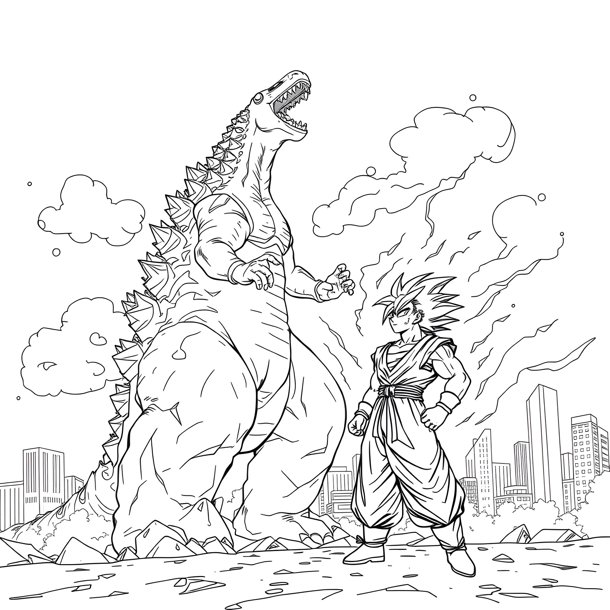Godzilla unleashing destruction as a hero faces it Coloring Page (free black-and-white line drawing printable PDF for all, from beginners to advanced learners, including children, teens, adults, and seniors)