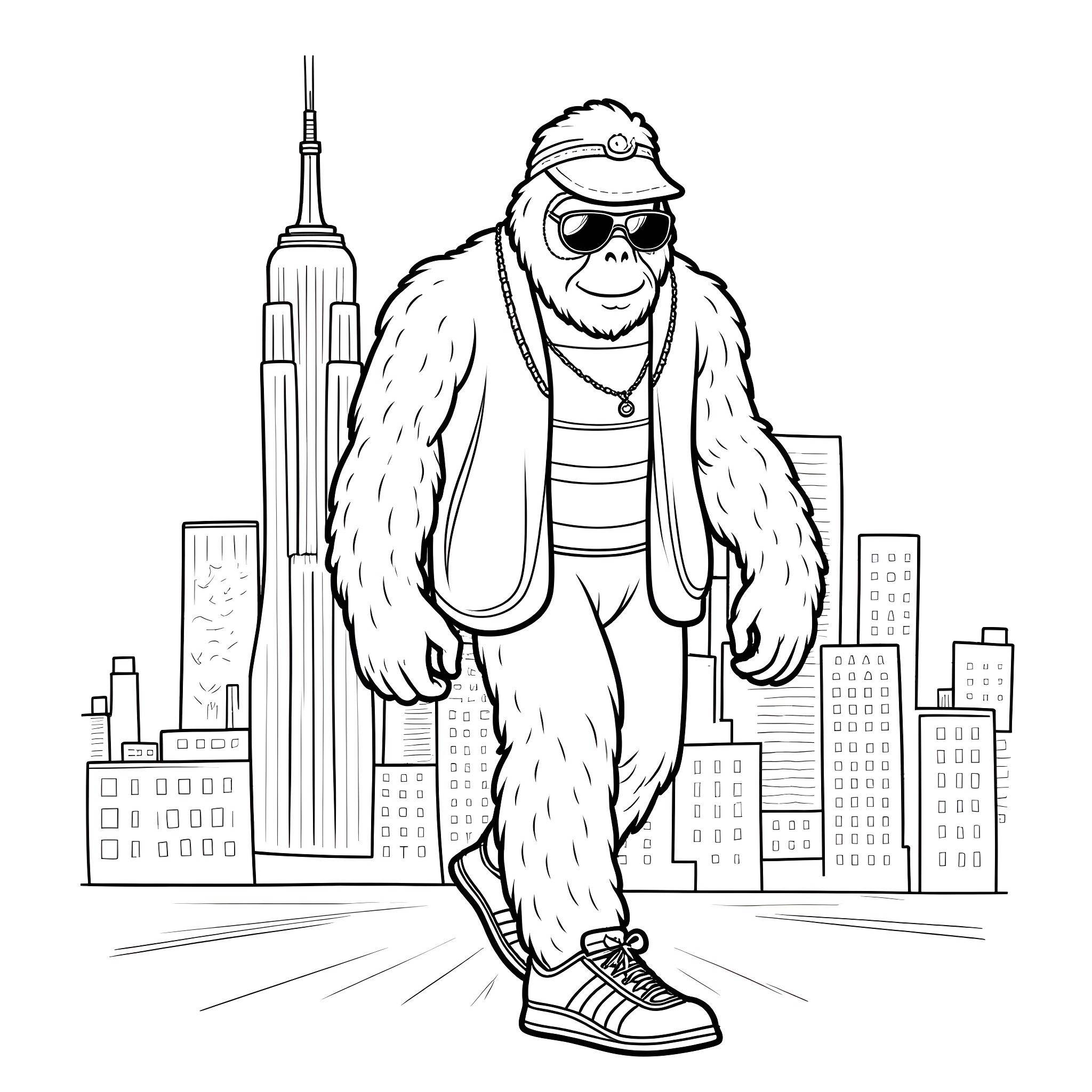 Bigfoot exploring the city in cool outfit Coloring Page (free black-and-white line drawing printable PDF for all, from beginners to advanced learners, including children, teens, adults, and seniors)