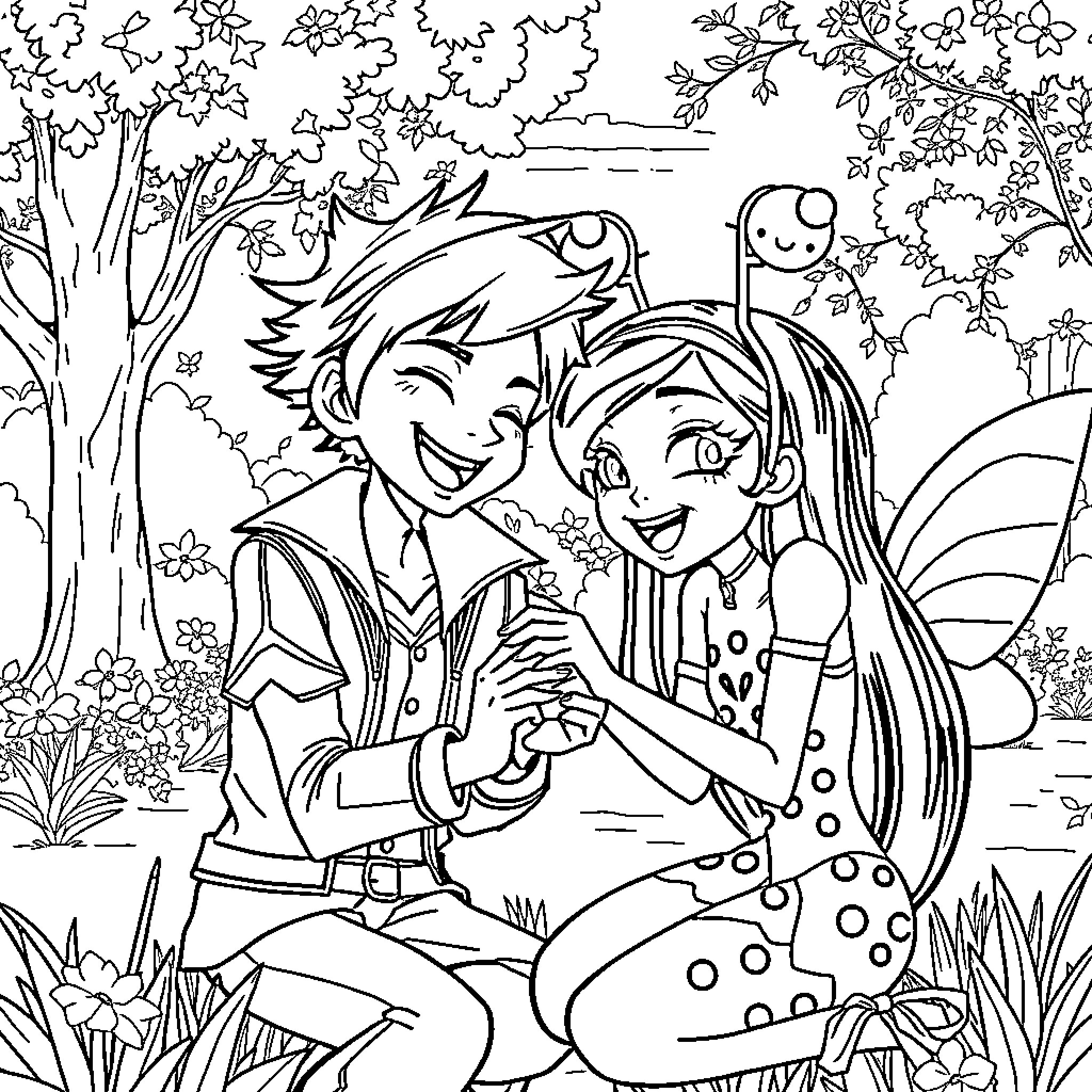 Rumi's romantic adventure in the whimsical forest Coloring Page (free black-and-white line drawing printable PDF for all, from beginners to advanced learners, including children, teens, adults, and seniors)
