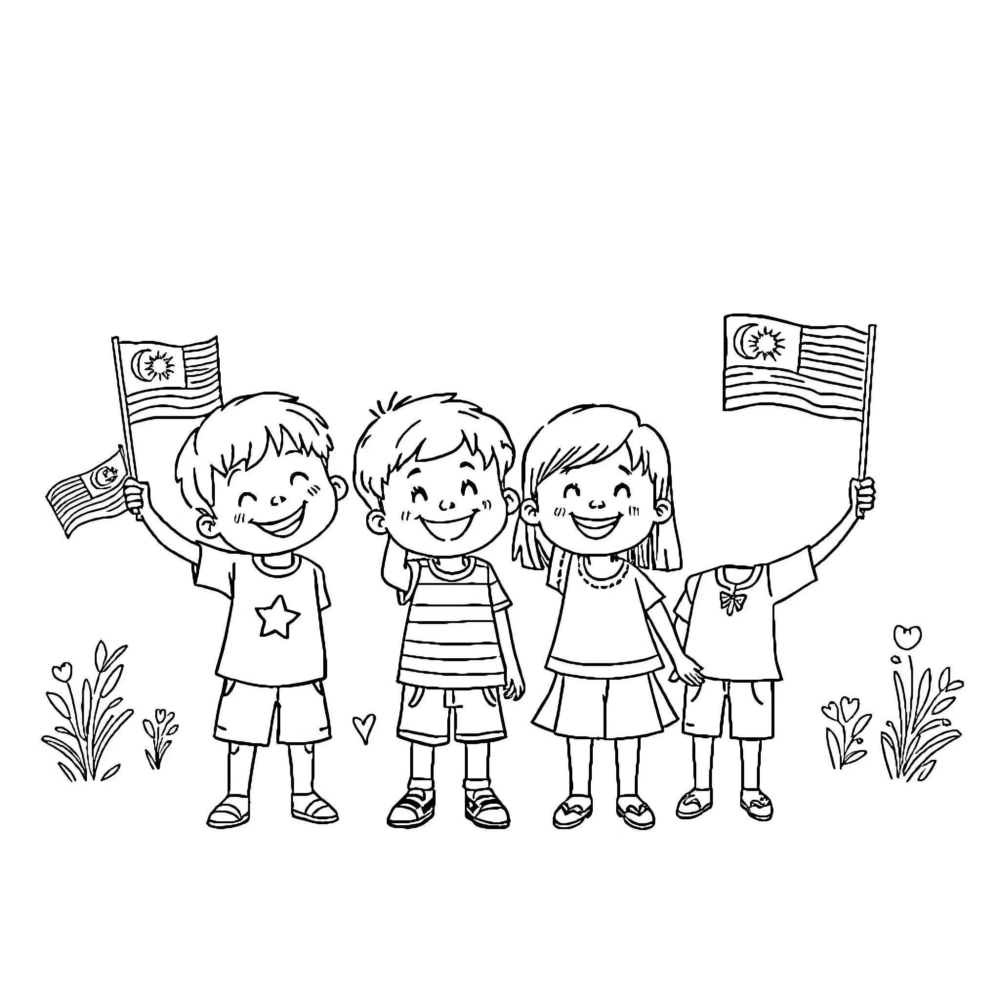 Kids Waving Flags Happily Together Coloring Page (free black-and-white line drawing printable PDF for all, from beginners to advanced learners, including children, teens, adults, and seniors)