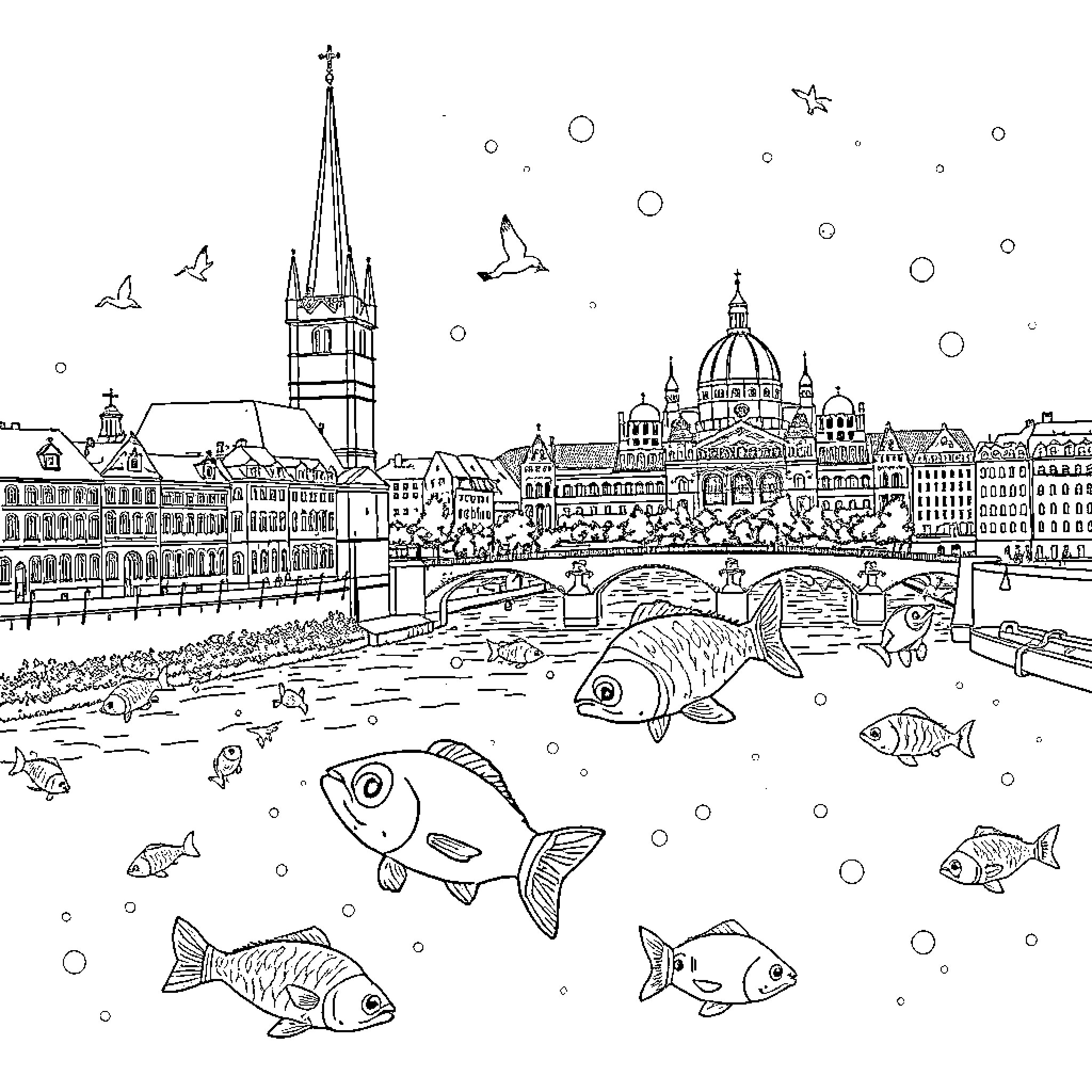 Fish swimming in a city canal with historic buildings Coloring Page (free black-and-white line drawing printable PDF for all, from beginners to advanced learners, including children, teens, adults, and seniors)