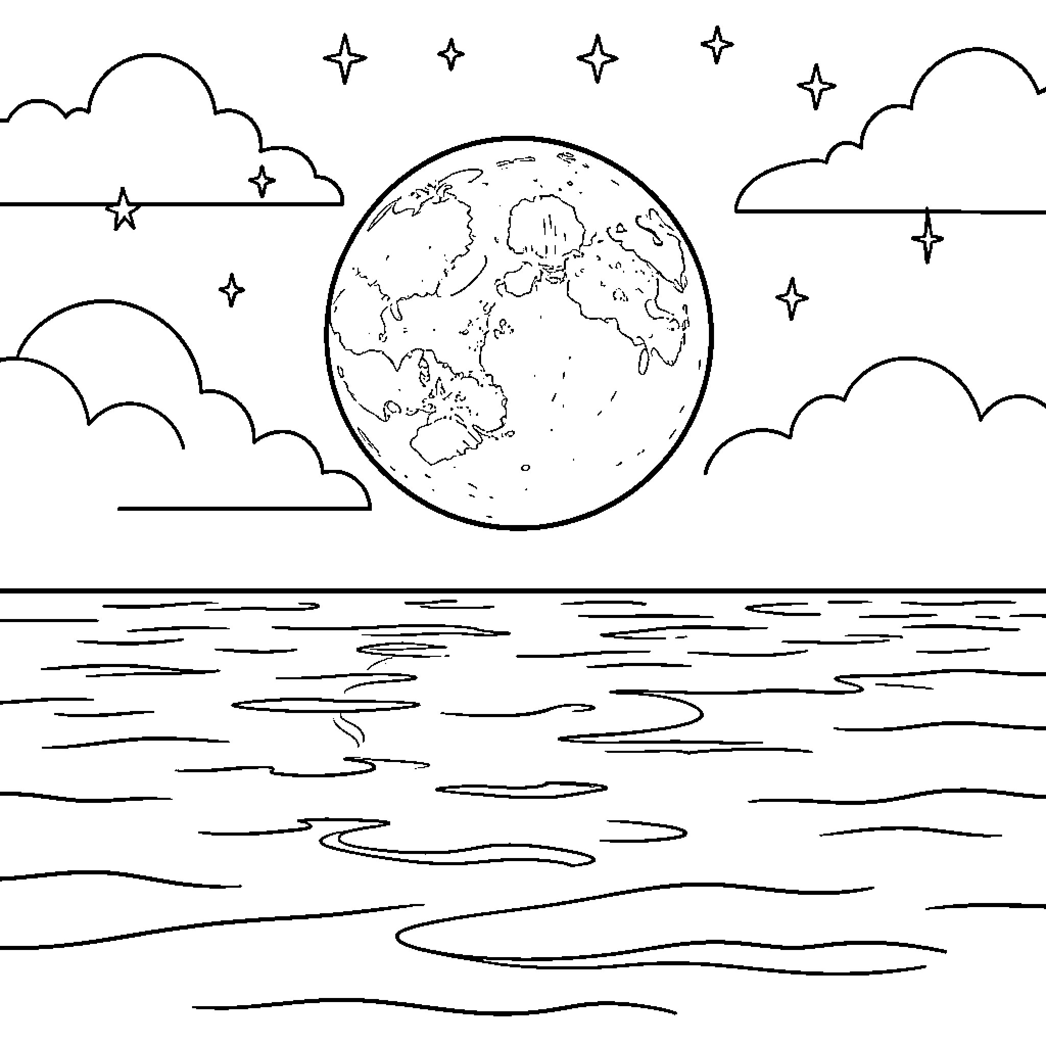 Moon rising over a calm ocean with stars Coloring Page (free black-and-white line drawing printable PDF for all, from beginners to advanced learners, including children, teens, adults, and seniors)