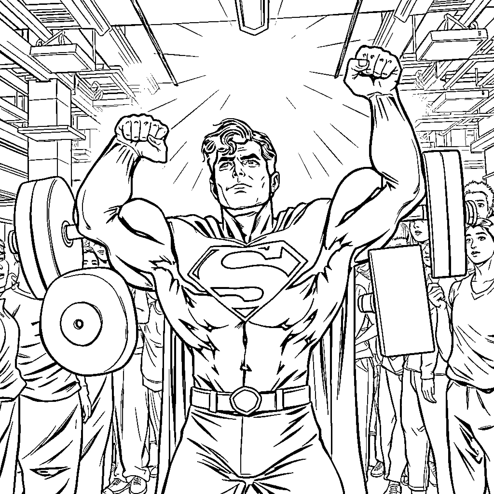 Superman Displays Strength and Heroism in Action-Packed Scene Coloring Page (free black-and-white line drawing printable PDF for all, from beginners to advanced learners, including children, teens, adults, and seniors)