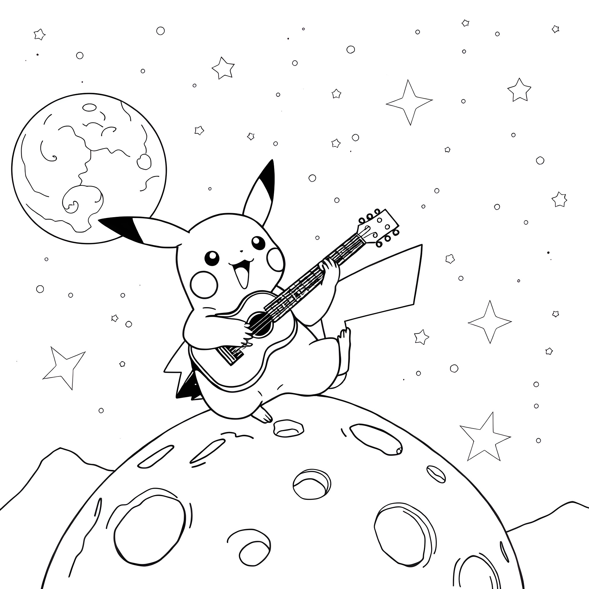 Pikachu playing guitar under the starry night sky Coloring Page (free black-and-white line drawing printable PDF for all, from beginners to advanced learners, including children, teens, adults, and seniors)