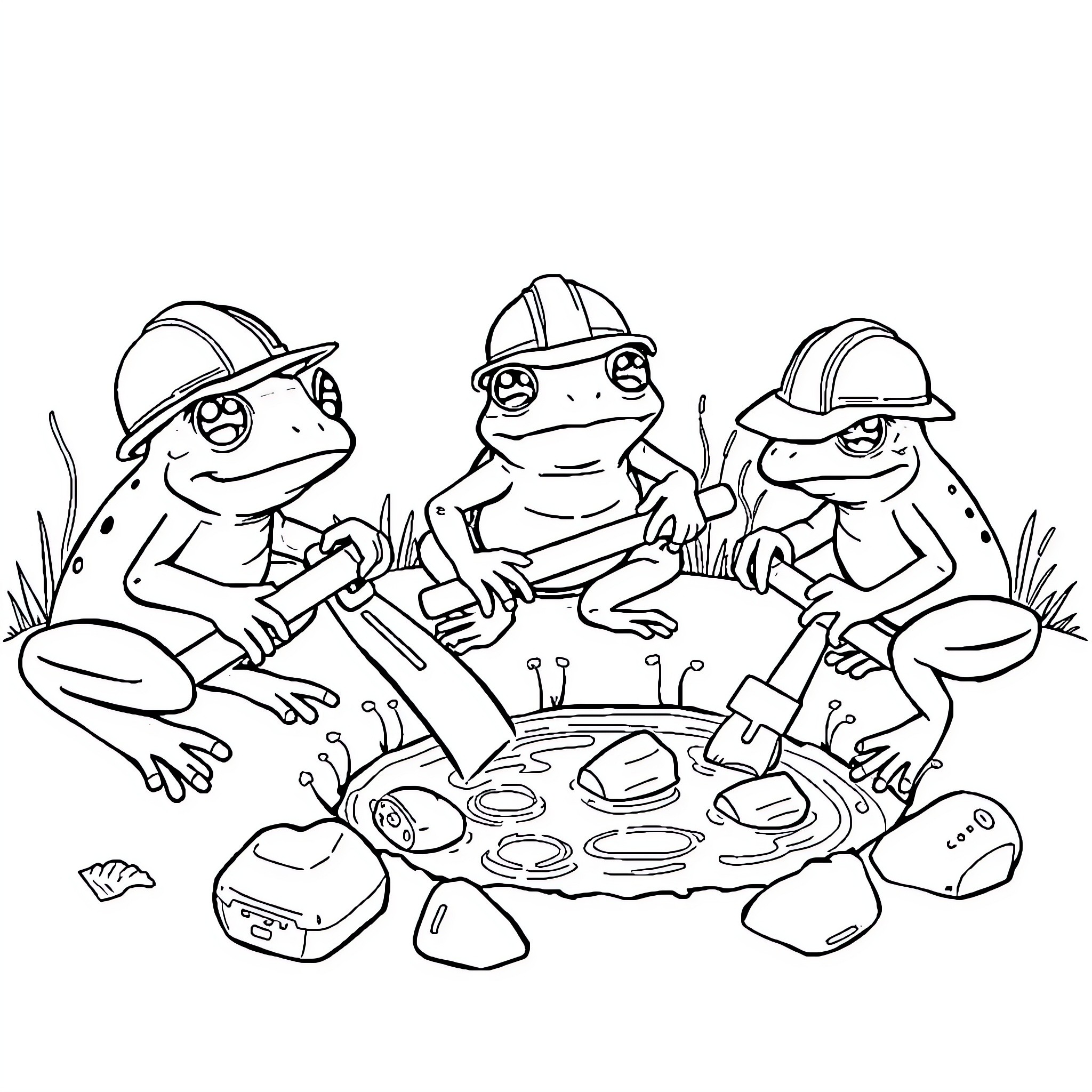 Frogs working as construction workers on a job site Coloring Page (free black-and-white line drawing printable PDF for all, from beginners to advanced learners, including children, teens, adults, and seniors)