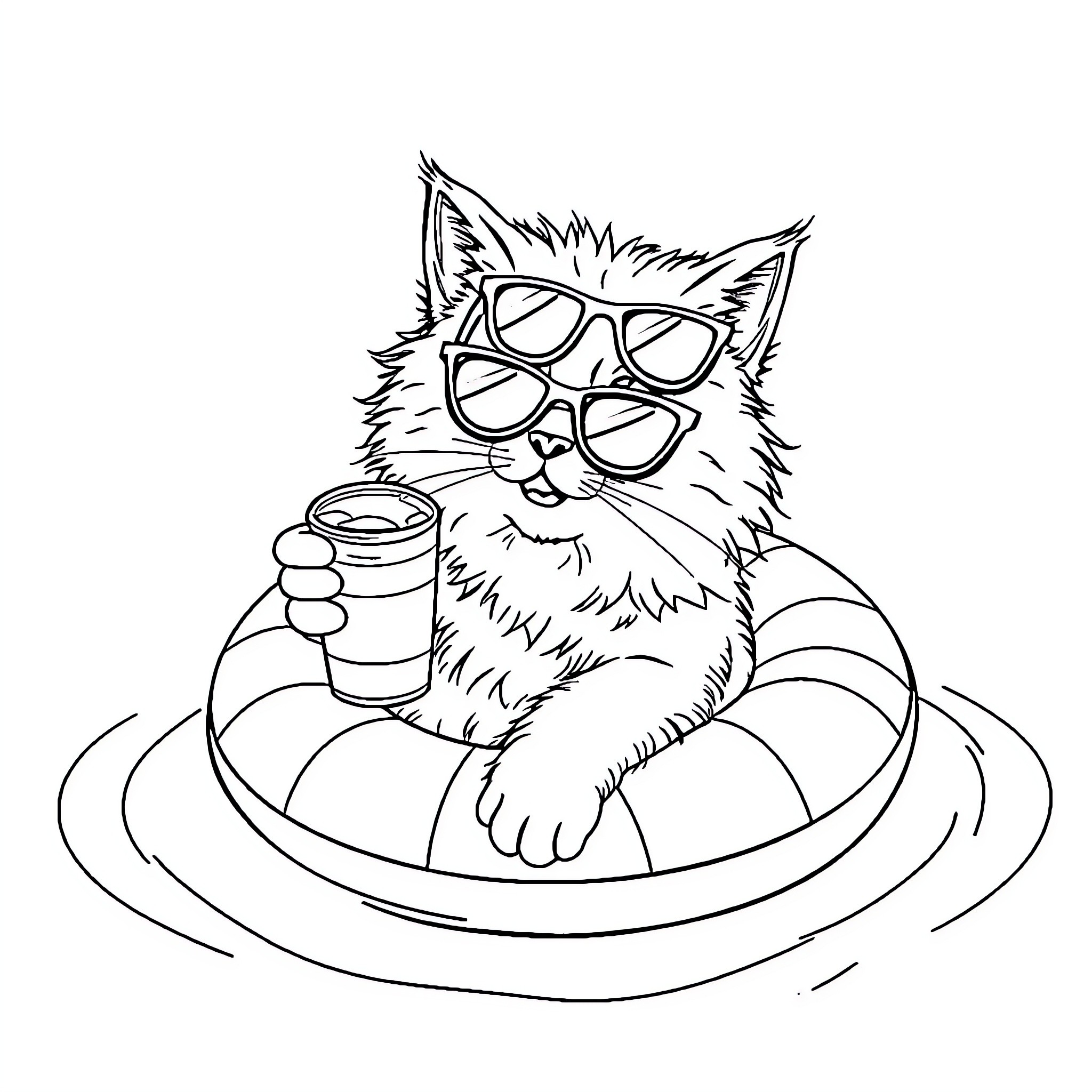 Cat enjoying a drink while relaxing in pool Coloring Page (free black-and-white line drawing printable PDF for all, from beginners to advanced learners, including children, teens, adults, and seniors)