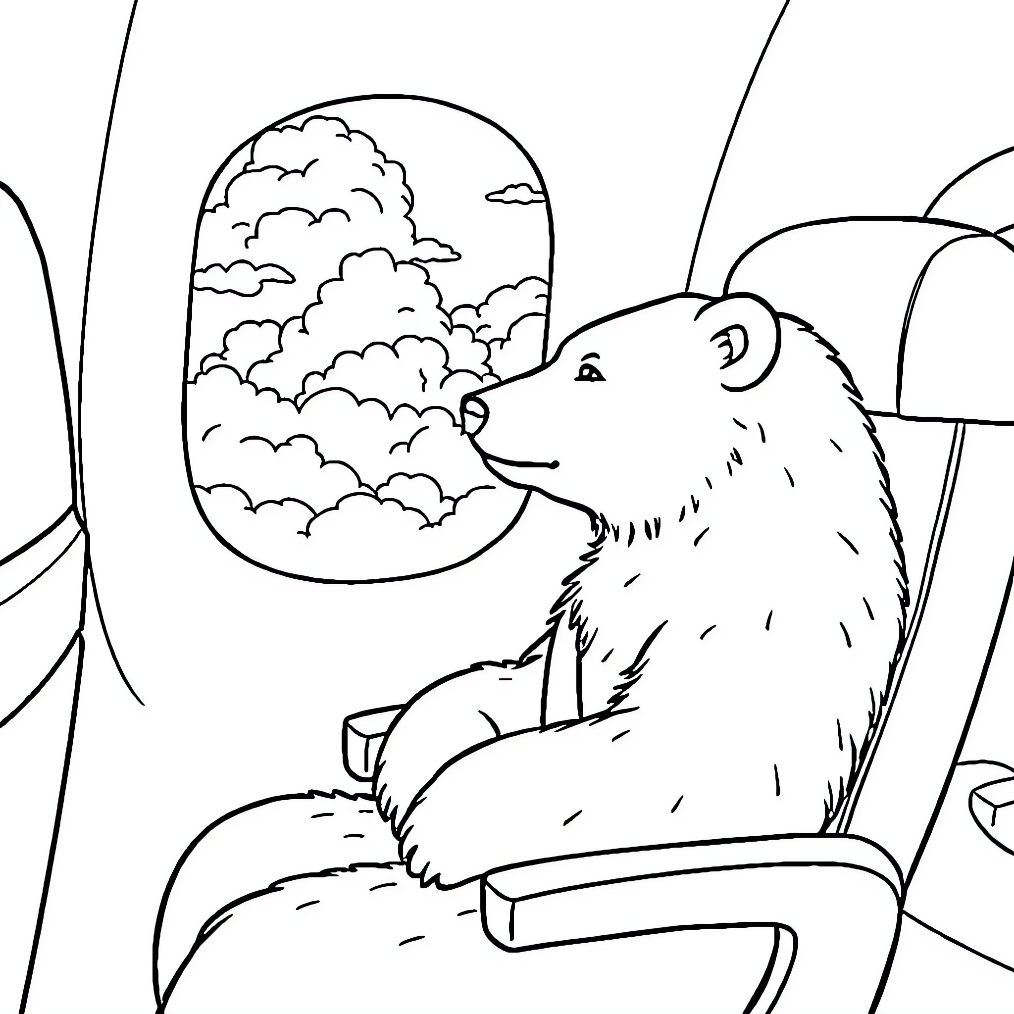 Polar Bear Gazing Out the Window Coloring Page (free black-and-white line drawing printable PDF for all, from beginners to advanced learners, including children, teens, adults, and seniors)