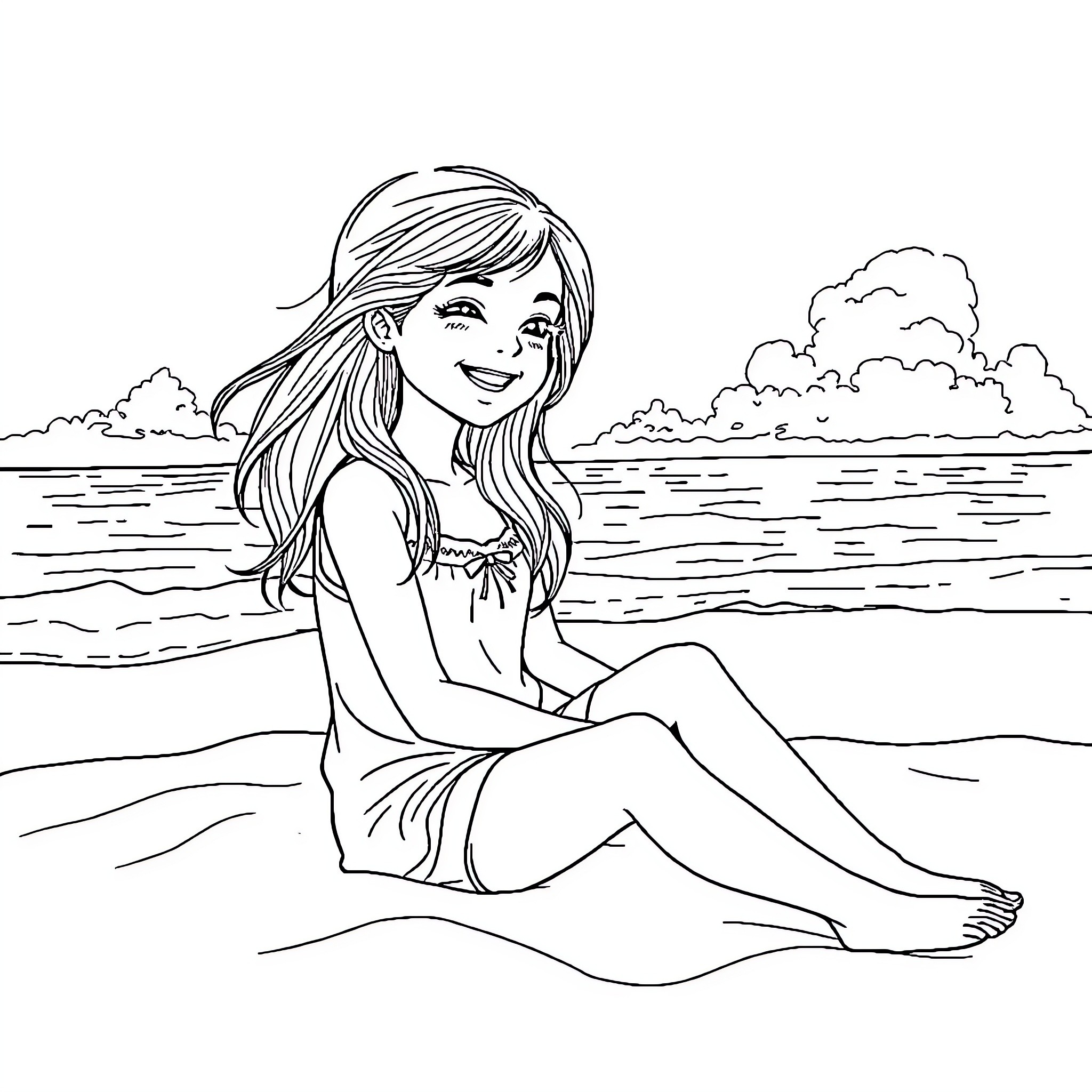 Girl enjoying peaceful day by the beach Coloring Page (free black-and-white line drawing printable PDF for all, from beginners to advanced learners, including children, teens, adults, and seniors)