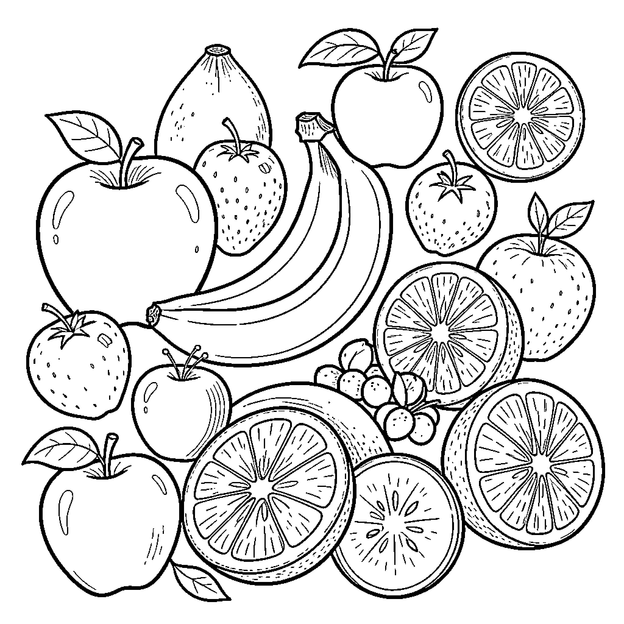 Fruit Assortment in Black and White Coloring Page (free black-and-white line drawing printable PDF for all, from beginners to advanced learners, including children, teens, adults, and seniors)