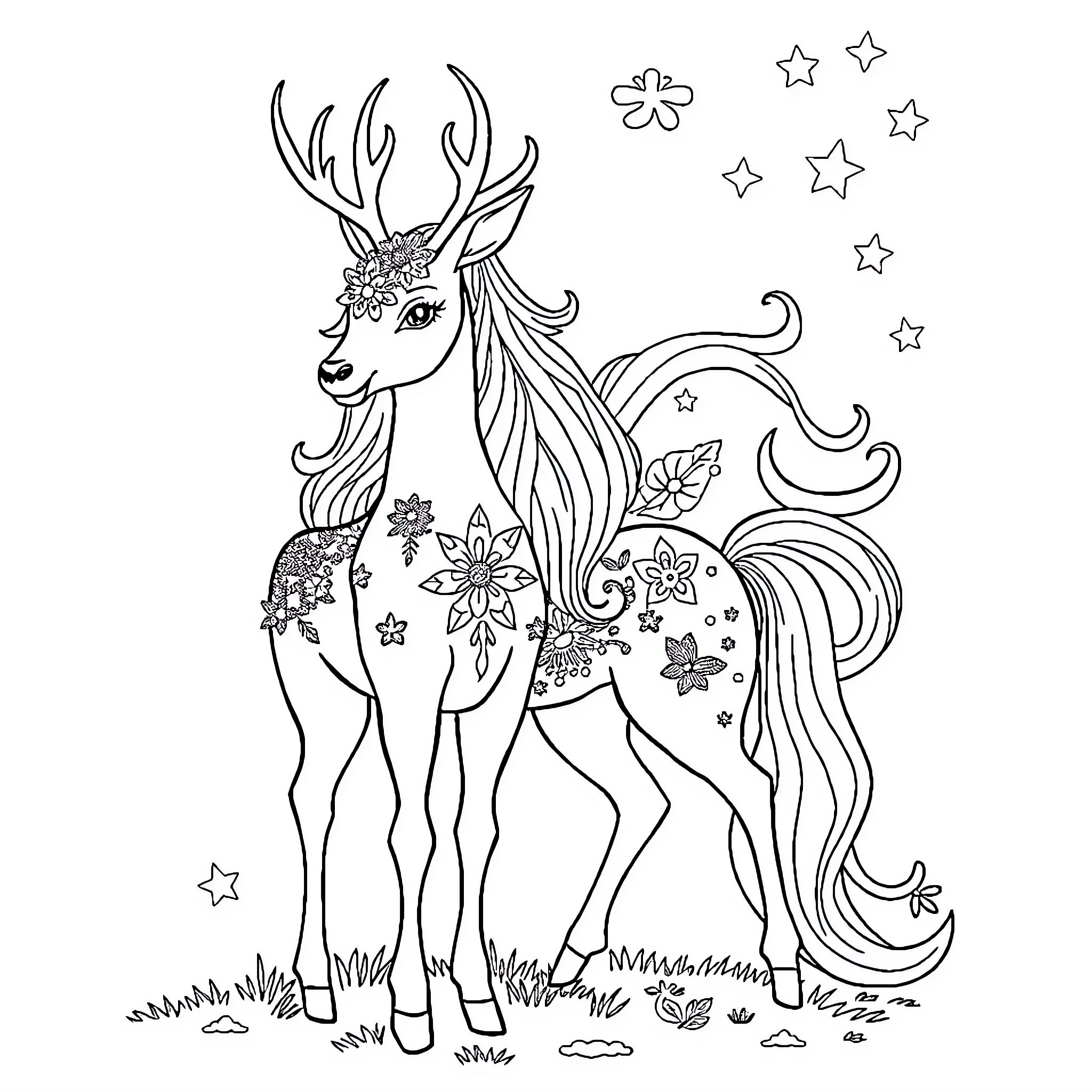 Deer with floral adornments in starry night Coloring Page (free black-and-white line drawing printable PDF for all, from beginners to advanced learners, including children, teens, adults, and seniors)