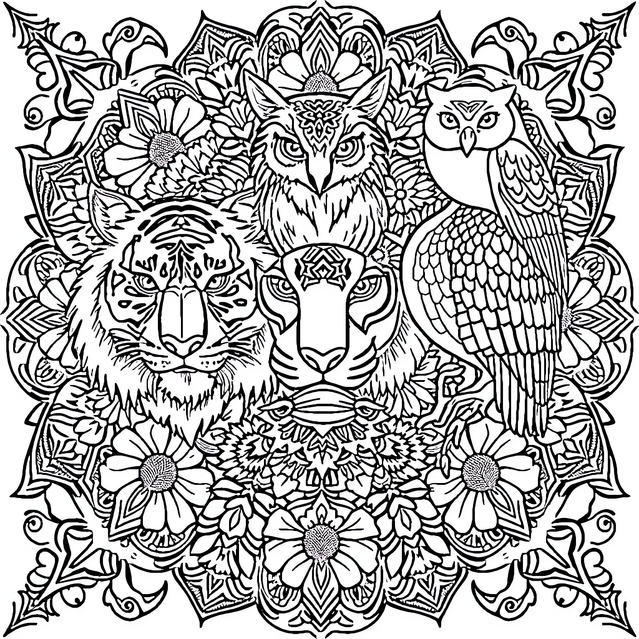 Wild Animal Mandala with Floral and Avian Elements Coloring Page (free black-and-white line drawing printable PDF for all, from beginners to advanced learners, including children, teens, adults, and seniors)