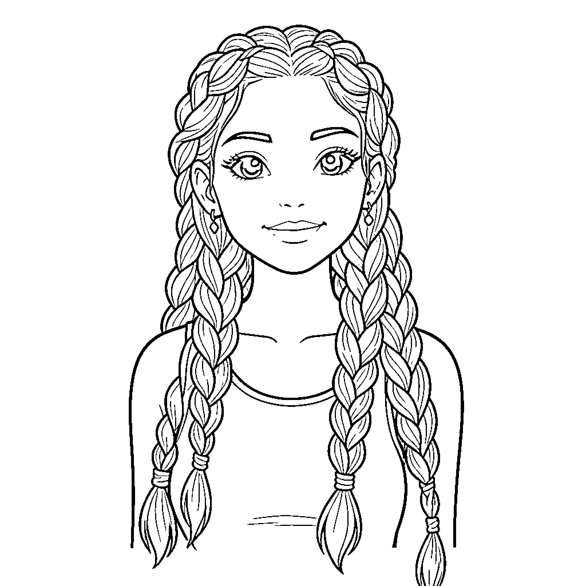Lily's Braided Hairstyle and Thoughtful Expression Coloring Page (free black-and-white line drawing printable PDF for all, from beginners to advanced learners, including children, teens, adults, and seniors)