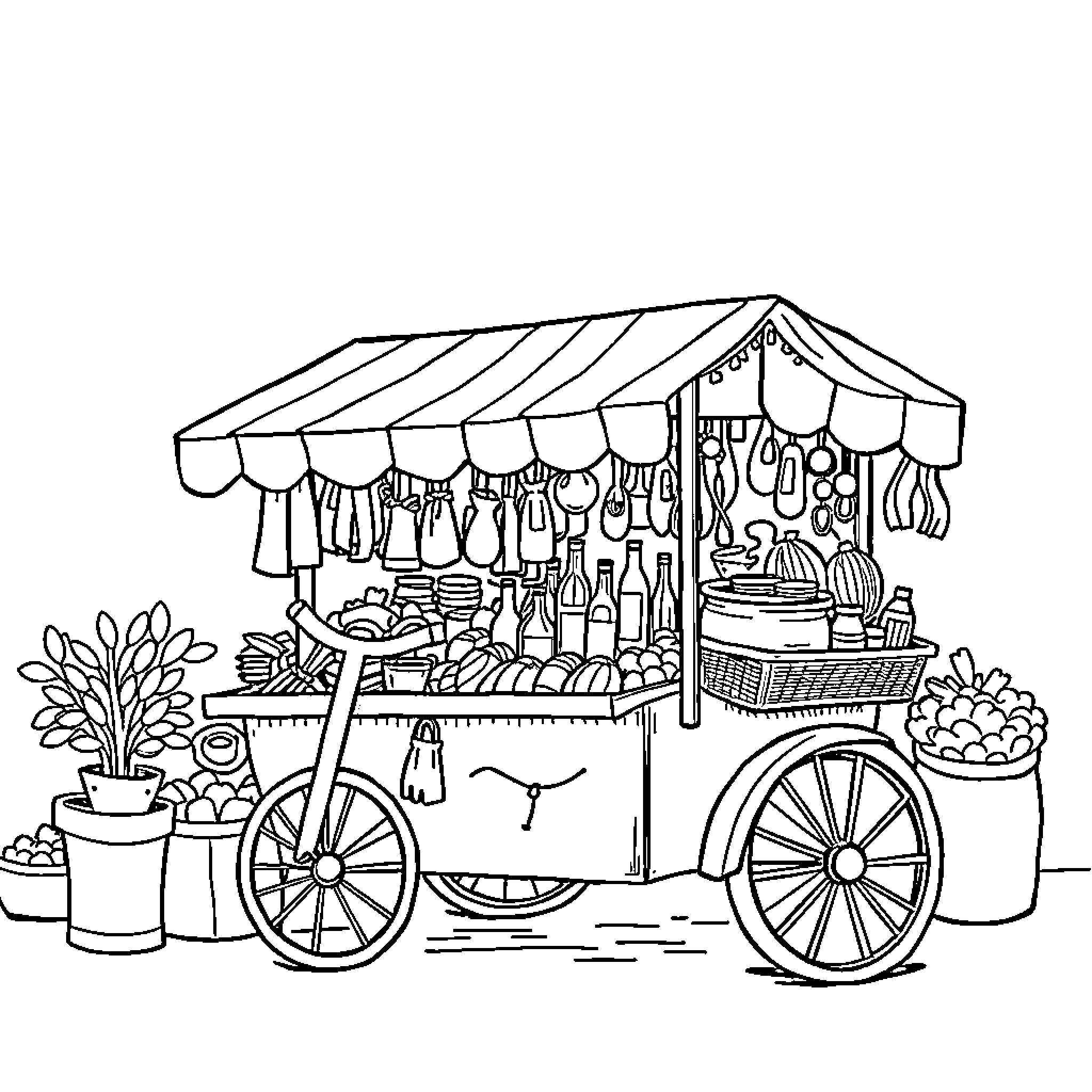 Kart with Variety of Goods and Produce Coloring Page (free black-and-white line drawing printable PDF for all, from beginners to advanced learners, including children, teens, adults, and seniors)