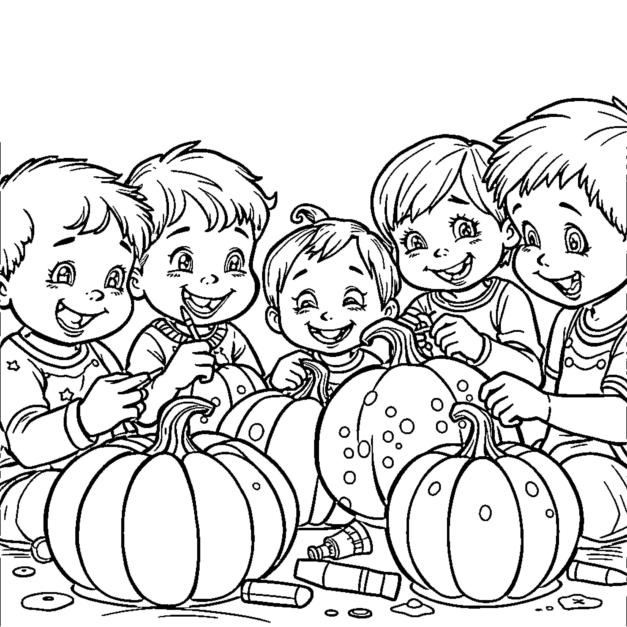 Pumpkin Painting Fun with Friends Coloring Page (free black-and-white line drawing printable PDF for all, from beginners to advanced learners, including children, teens, adults, and seniors)