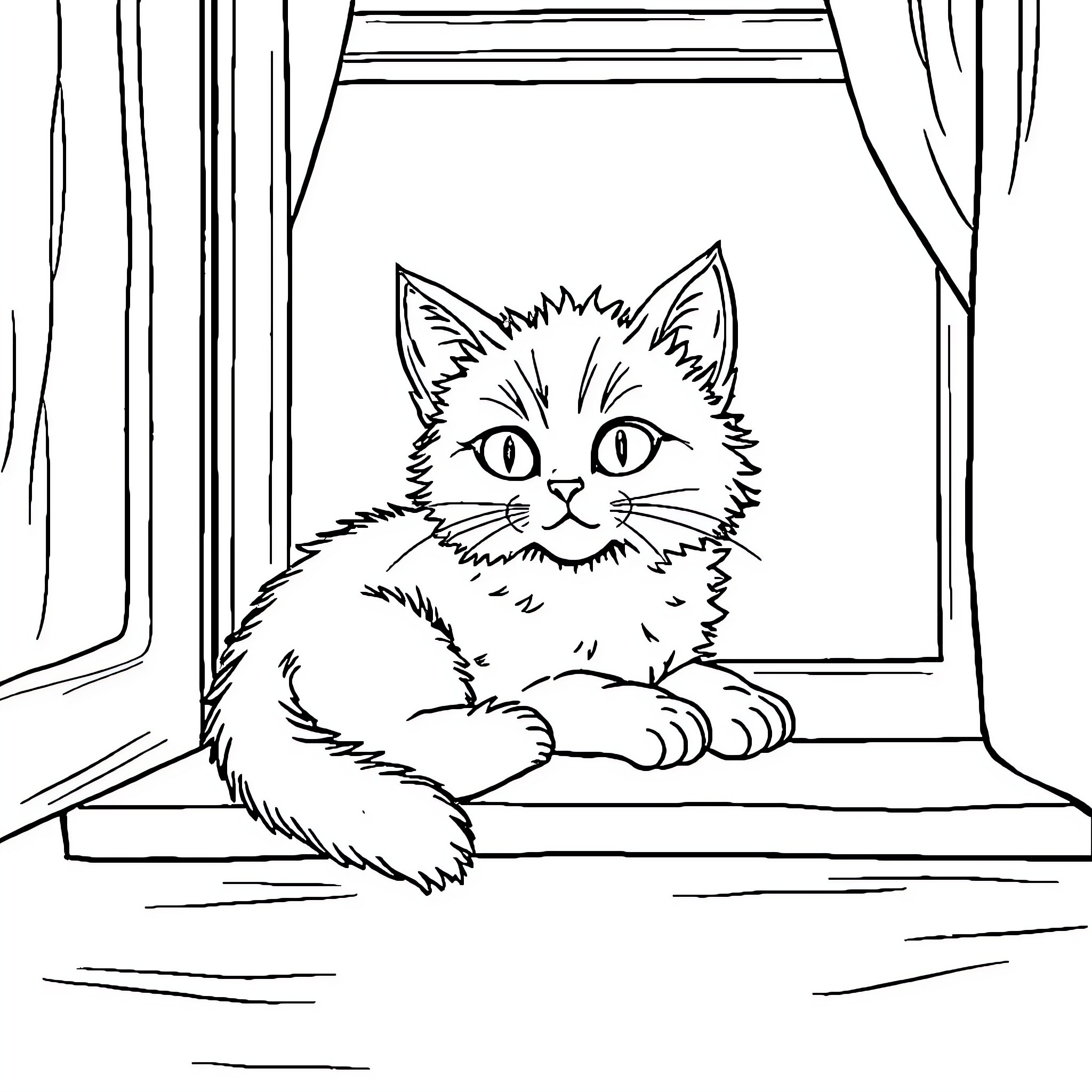 Cat peeking curiously through window Coloring Page (free black-and-white line drawing printable PDF for all, from beginners to advanced learners, including children, teens, adults, and seniors)