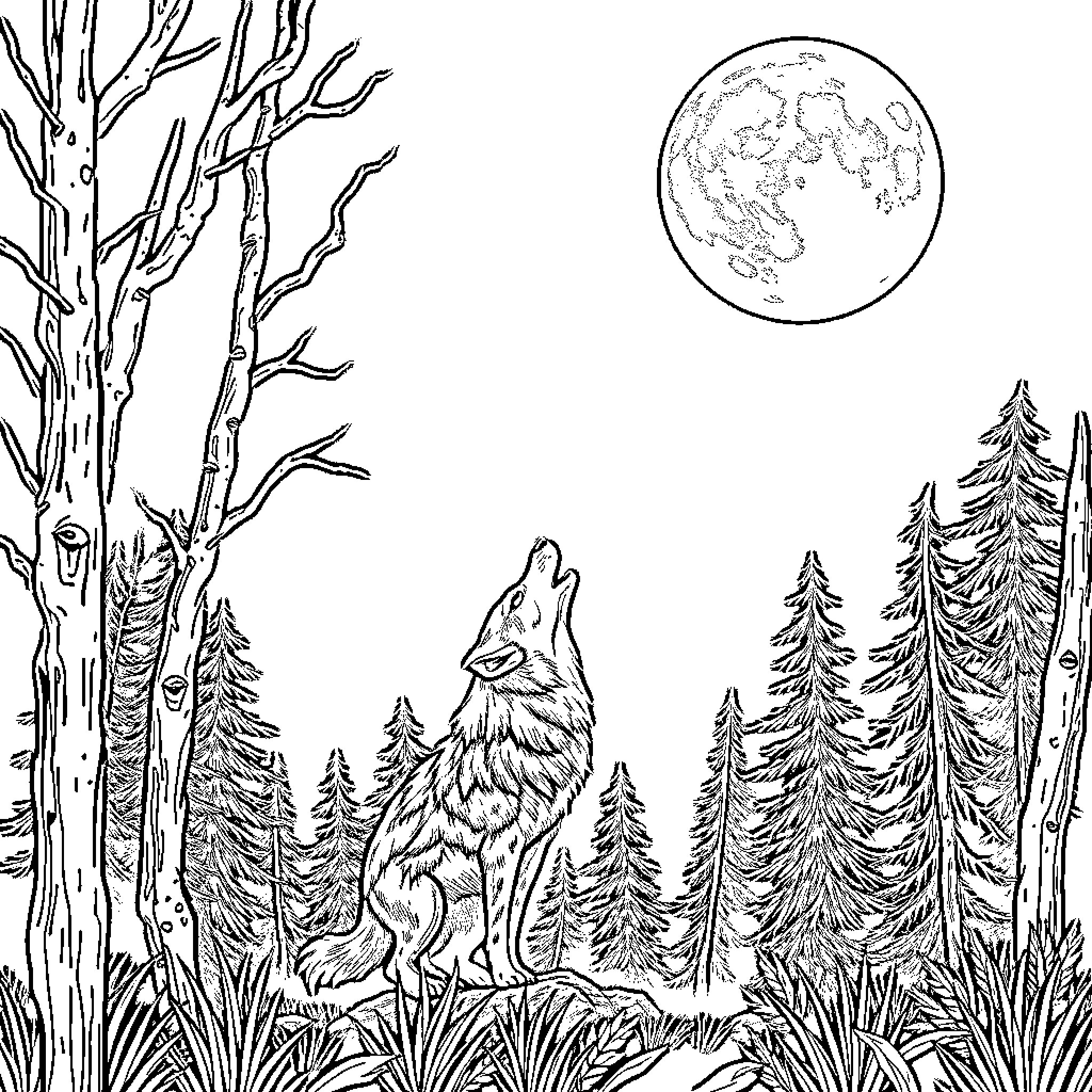 Wolf howling at the full moon in the forest Coloring Page (free black-and-white line drawing printable PDF for all, from beginners to advanced learners, including children, teens, adults, and seniors)